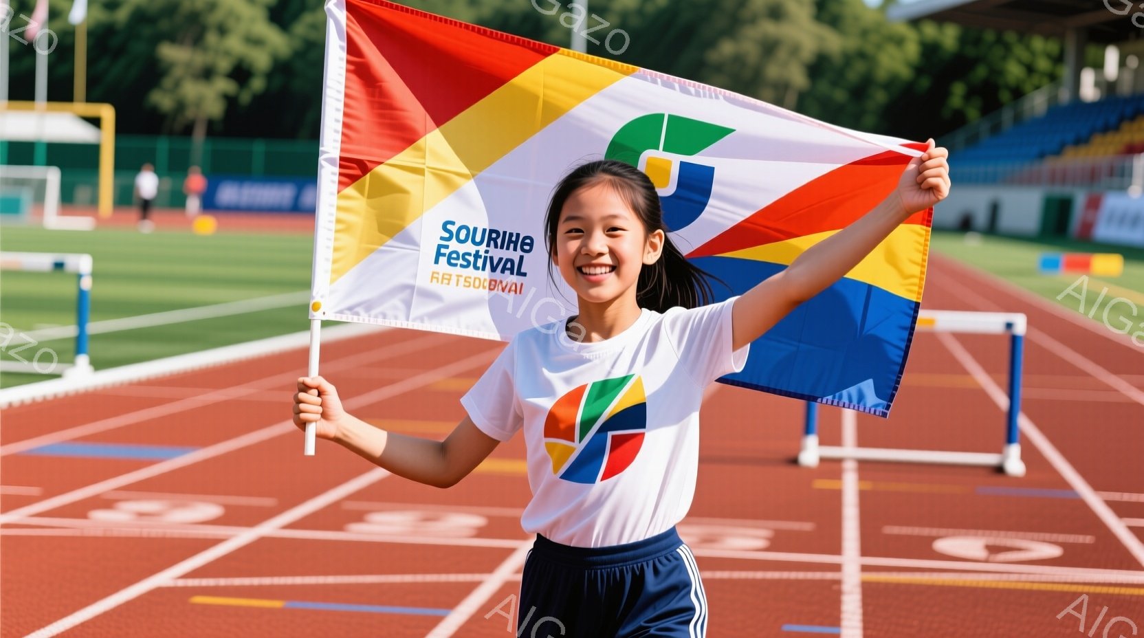 少女は競技場で両手を上げて喜びを表現しており、白地にカラフルなロゴが入ったTシャツと紺色のスポーツパンツを着用しています。彼女は明るい笑顔を見せ、髪は後ろで一つにまとめられています。背景にはトラック、観客席、そして晴れた空と緑豊かな風景が見え、活気に満ちたスポーツイベントの雰囲気が漂っています。