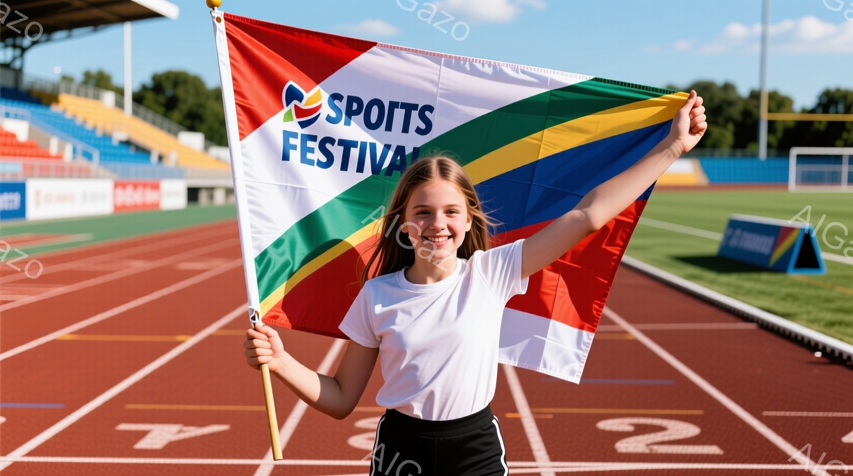 若い女性が陸上競技場のトラック上に立っており、カラフルな旗を高く掲げています。彼女は白いTシャツと黒いズボンを着用し、髪は後ろで結ばれています。背景には観客席と青空が広がり、晴れた日のスポーツイベントの雰囲気が漂っています。