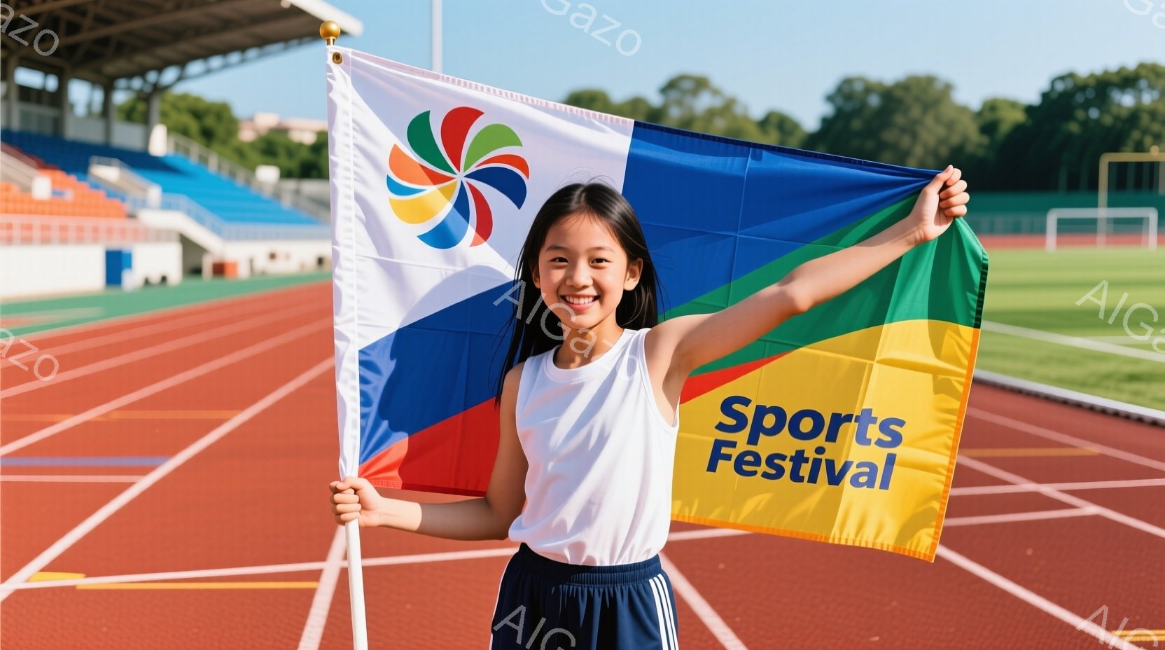 少女は競技場のトラック上に立ち、カラフルな旗を高く掲げて笑顔を浮かべている。白いタンクトップと紺色のショートパンツを着ており、髪は後ろでポニーテールに結ばれている。背景には観客席と緑豊かな木々が見え、 - AI生成フリー素材