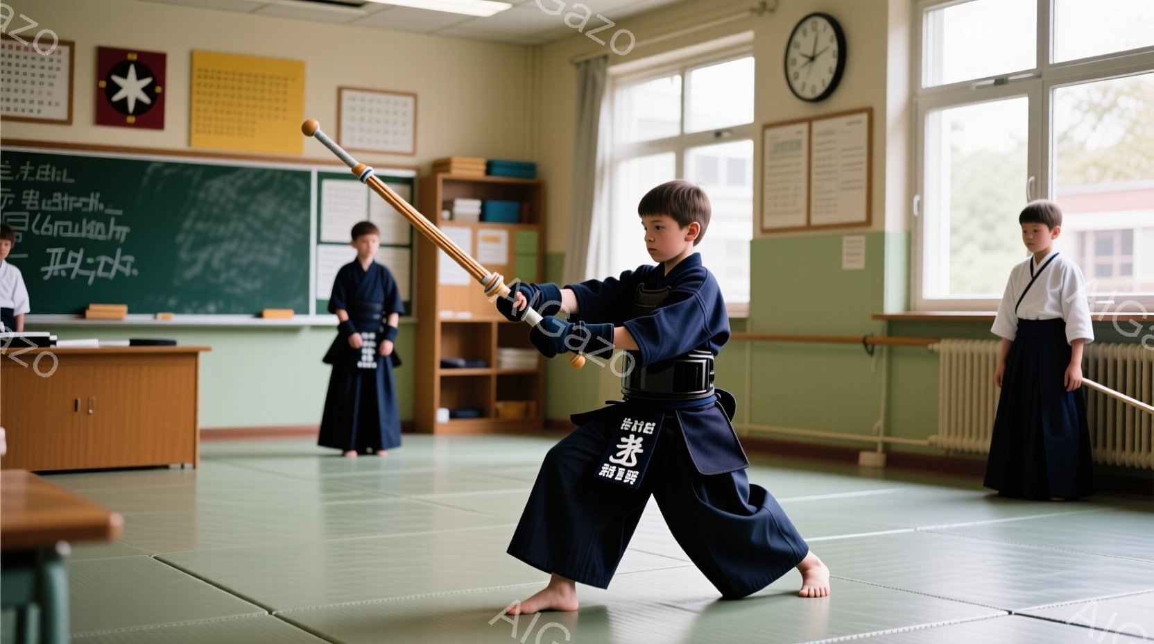 武道の稽古場にて、少年が木刀を構え、姿勢を低くして技を繰り出そうとしている様子が捉えられています。青い道着に黒帯、髪は短く刈り込まれており、真剣な表情で集中しています。背景には他の子供たちが練習してお - AI生成フリー素材