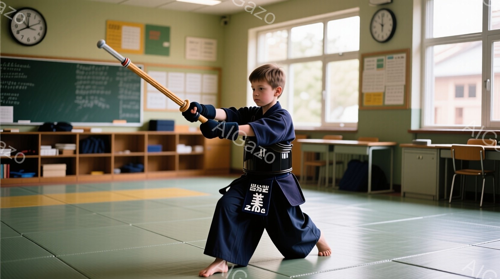 茶色の髪の少年が、黒の柔道着と黒帯を身につけ、竹刀を高く構えて武道の構えをとっています。彼は柔道場と思われる畳の部屋の真ん中で、少し集中した表情で姿勢を低くしています。背景には、武道用具が並んだ棚と、壁に掛けられた時計が見え、練習風景を思わせる落ち着いた雰囲気です。