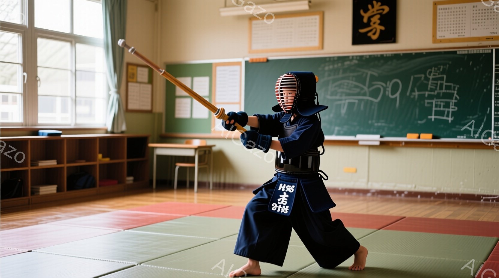 少年は剣道着を身につけ、面、胴、袴を着用して剣道を練習しています。彼は右手を高く上げ、竹刀を構え、力強い姿勢で踏み込みの構えをとっています。背景には、畳敷きの体育館らしき場所と、壁に掛けられた書道やカレンダーが見え、練習に集中した真剣な雰囲気が漂っています。