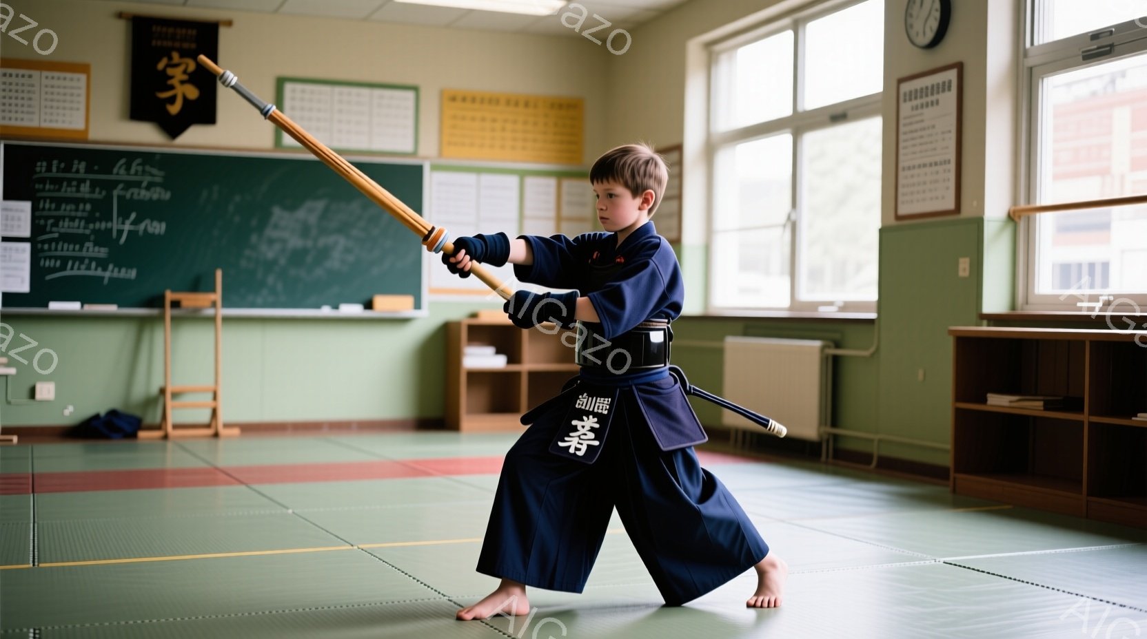 少年は柔道着のような藍色の道着と黒帯を締め、木刀を構えて立っている。彼は少し緊張した表情で、膝を曲げ、集中した眼差しで木刀を前に突き出している。背景には畳の床、窓、壁に掛けられた書道作品が見え、道場のような空間で武道の稽古に励んでいる様子が伺える。
