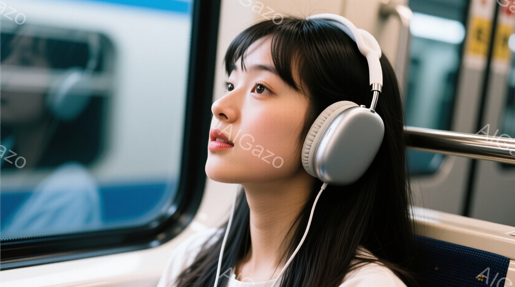 若い女性がヘッドホンを着用し、バスの窓から外を見ている。彼女は白いシャツを着ており、前髪を下ろした黒髪が印象的で、少し上の方向を見つめる表情は穏やかだ。窓の外にはぼやけた街並みが広がり、バス内は明るく清潔な印象を受ける。