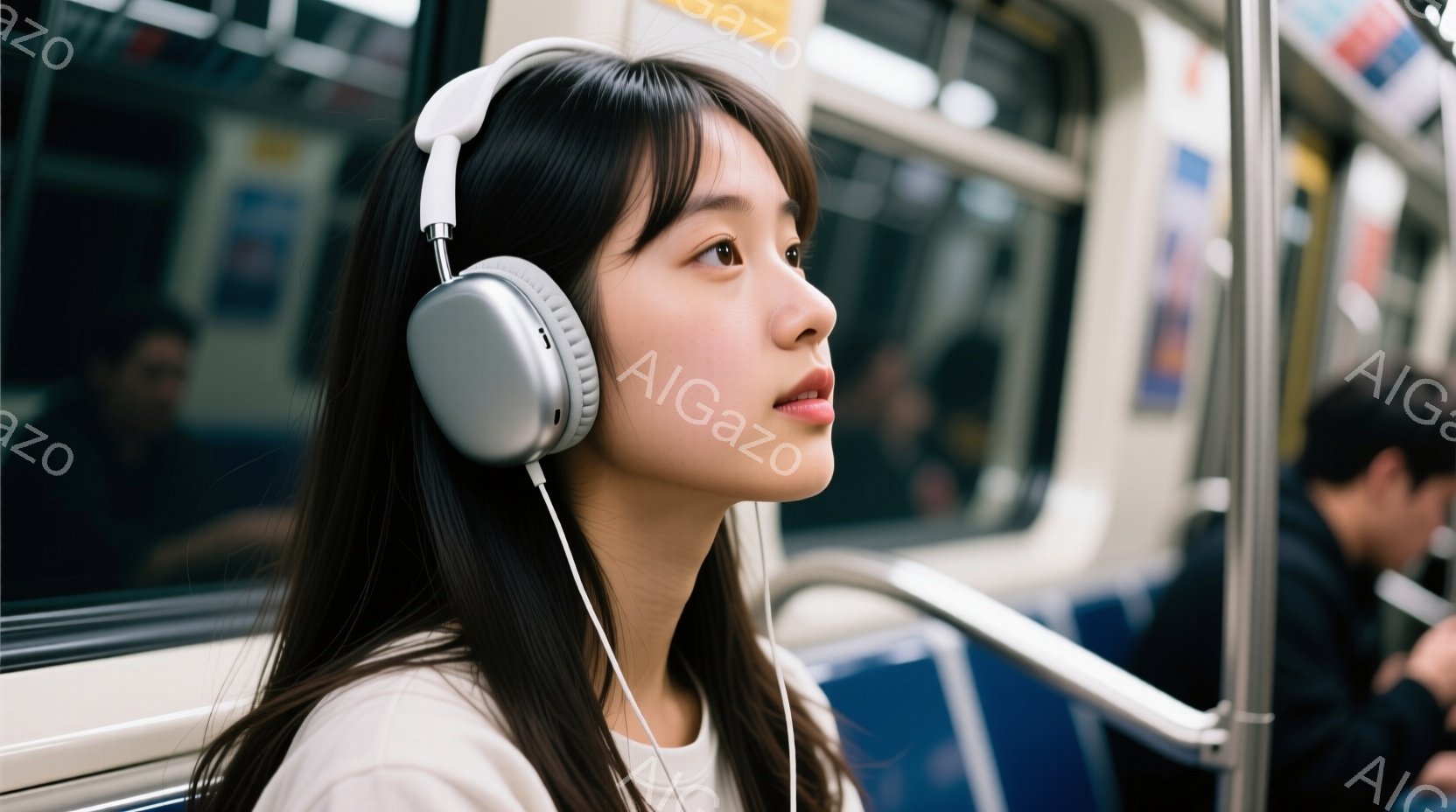 長い黒髪をなびかせた若い女性が、オフホワイトのトップスを着て電車内で立っている。彼女は大きなヘッドホンを装着し、少し上を見つめるように視線を向けており、リラックスした表情をしている。背景には、他の乗客や電車の内装が見え、穏やかで日常的な雰囲気が漂っている。