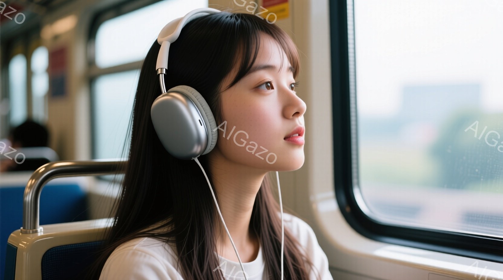 長い黒髪の女性がヘッドホンを着用し、電車の中で窓の外を眺めている。彼女は白いトップスを着ており、リラックスした表情で、少し物憂げな視線を遠くに向けたポーズをとっている。窓の外にはぼやけた都市の風景が広 - AI生成フリー素材