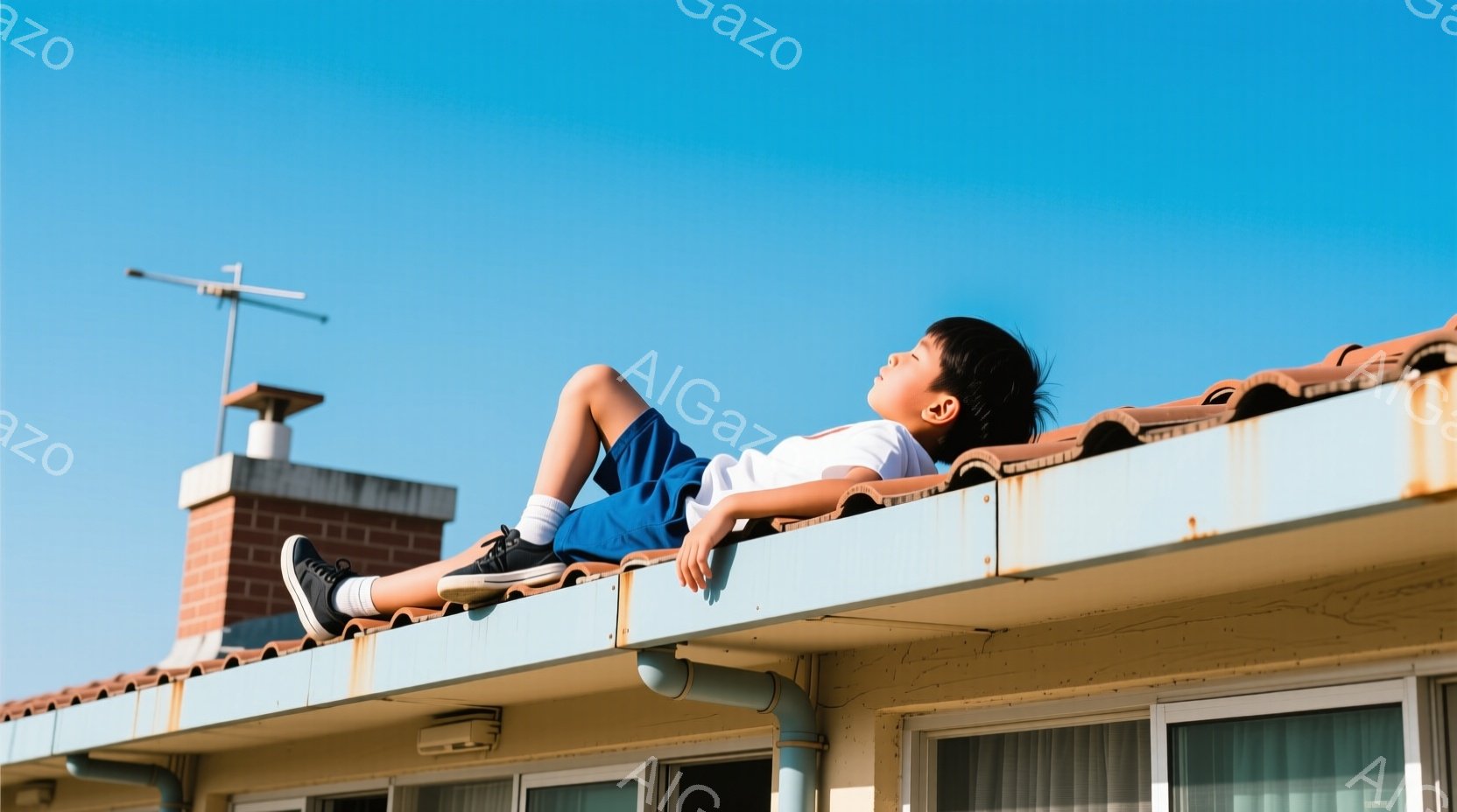 青い空を背景に、少年が屋根の上で横たわっている。白いTシャツと青い短パンを着用し、黒いスニーカーを履いている。彼の表情は穏やかで、どこか物思いにふけっているようであり、周囲の建物と青空が夏の穏やかな雰囲気を醸し出している。
