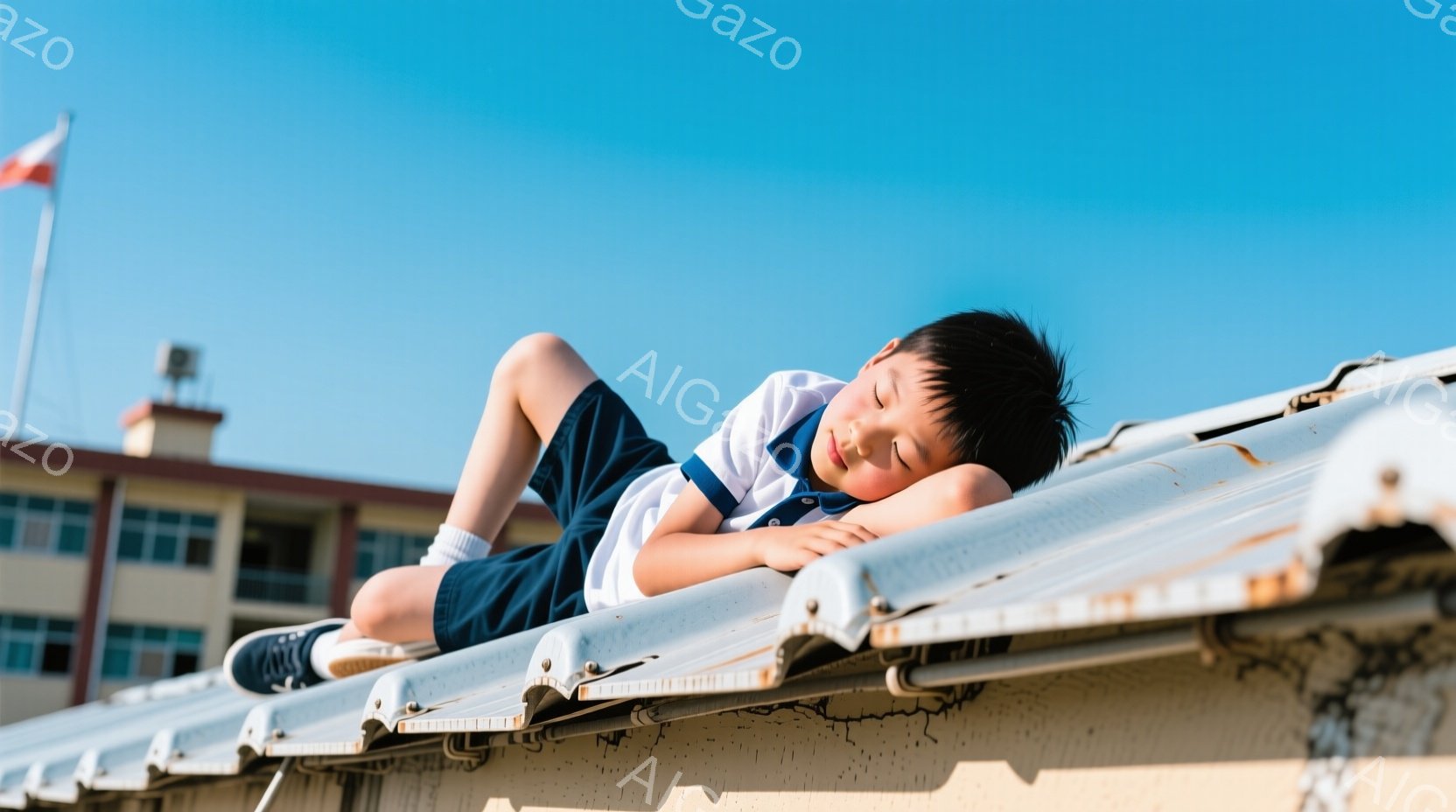 少年は制服姿で、波打つ屋根の上で横たわって目を閉じています。紺色の短パンと白いシャツを着ており、黒い靴を履いています。背景には、赤レンガの建物と青空が広がり、晴れた日の穏やかな雰囲気を醸し出しています - AI生成フリー素材