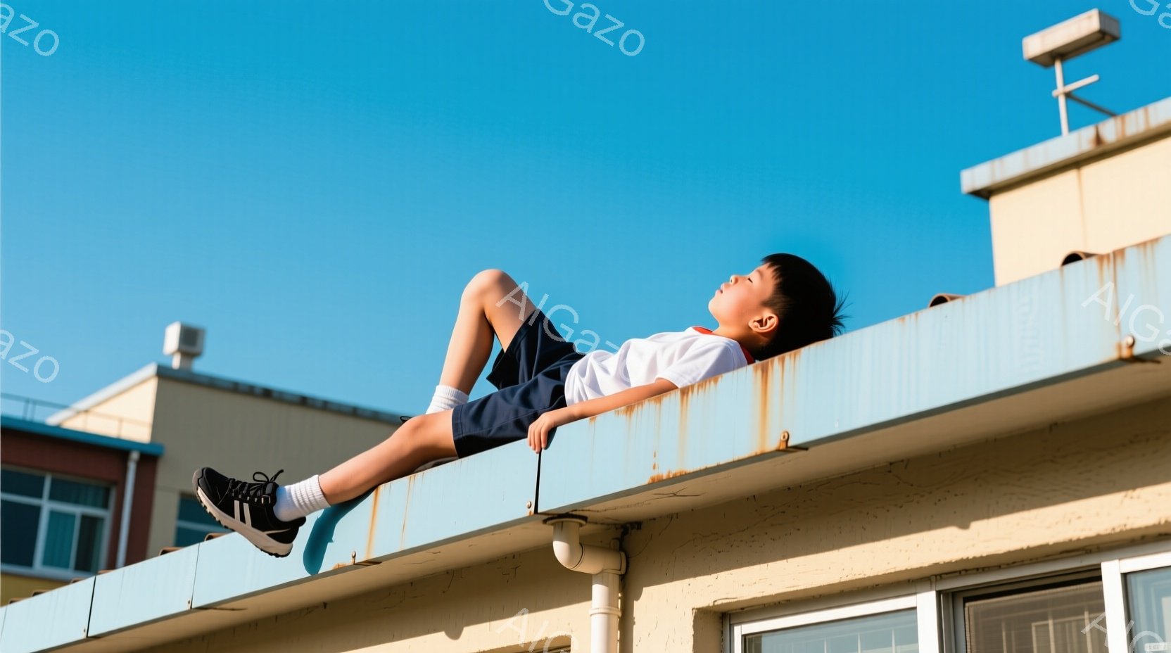少年がベージュ色の建物屋上に横たわっている。白いTシャツに紺色の短パン、黒いスニーカーと白い靴下を履いており、髪は短く整えられている。背景は晴れた青空で、建物は少し古びた印象を与え、全体的に穏やかでノ - AI生成フリー素材