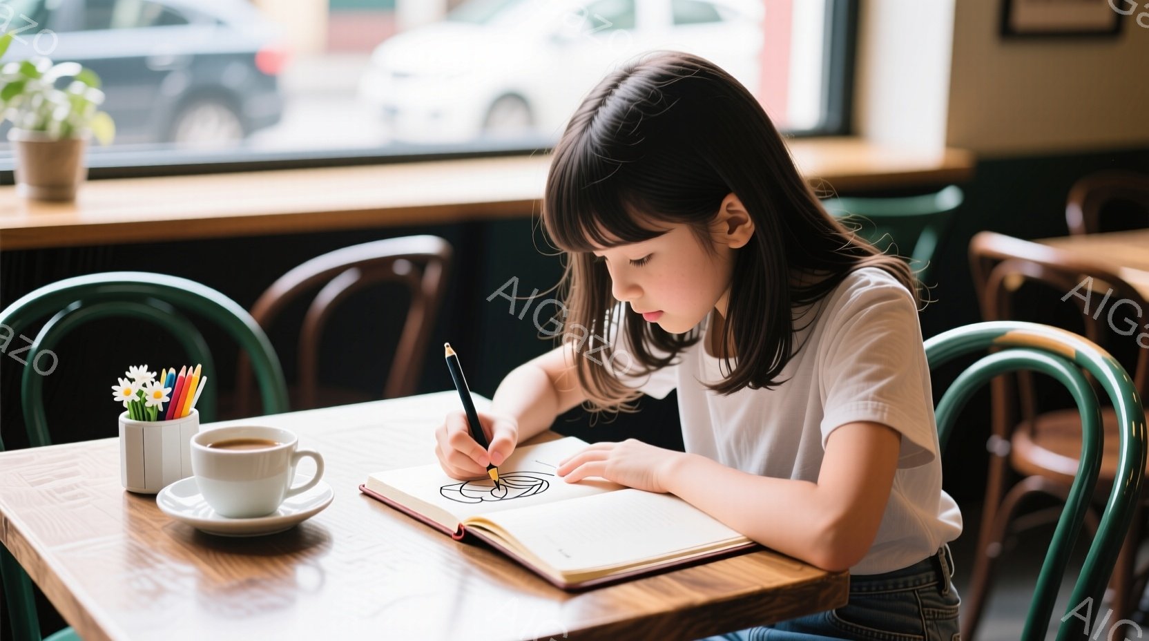 茶色の髪の少女が、カフェのような場所でスケッチブックに向かって絵を描いている。白いTシャツとジーンズ姿で、集中した表情でペンを握り、テーブルにはコーヒーカップと色鉛筆が置かれている。背景には緑色の椅子と窓から見えるぼやけた街並みが確認でき、温かく落ち着いた雰囲気が漂っている。
