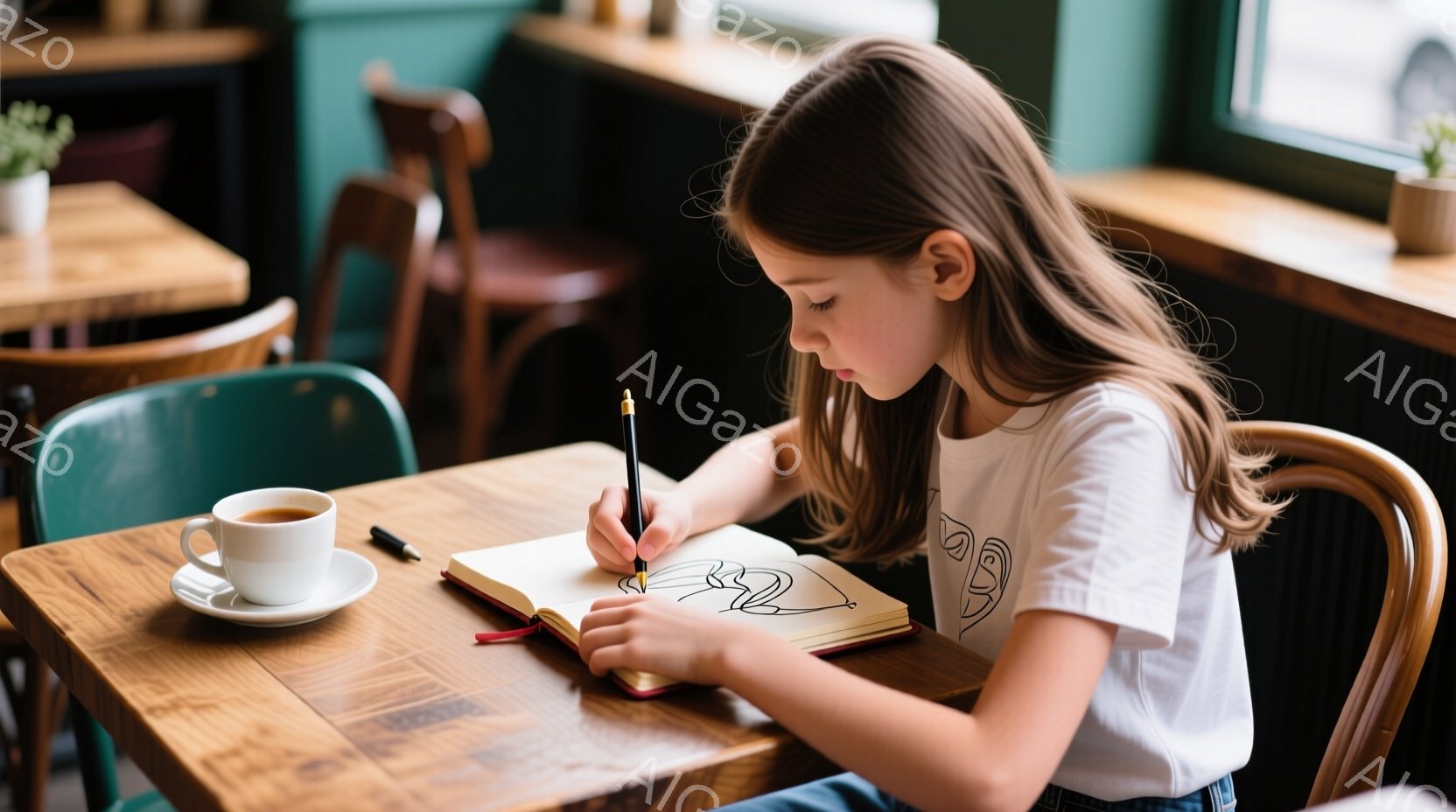 茶色の髪をサイドポニーテールにした少女が、カフェのような場所でスケッチブックに集中して絵を描いている。白いTシャツとジーンズを着ており、テーブルの上にはコーヒーカップと鉛筆が置かれている。背景には他のテーブルと椅子が見え、全体的に落ち着いた雰囲気のカフェの内部であることがわかる。