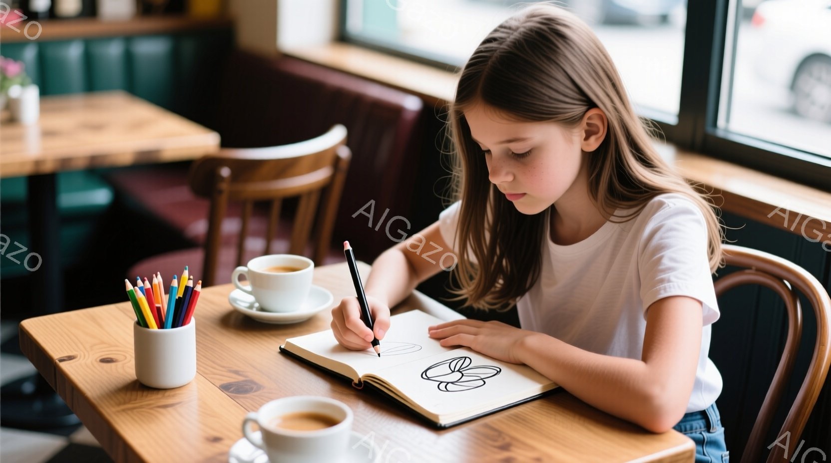茶色の髪を肩まで伸ばした少女が、カフェのような場所でスケッチブックに向かって何かを描いています。白いTシャツを着ており、集中した表情でペンを握り、テーブルに肘をついて身を乗り出しています。背景には、カフェのインテリアの一部が見え、暖色系の木製のテーブルや椅子、そして窓の外のぼやけた景色が見えます。