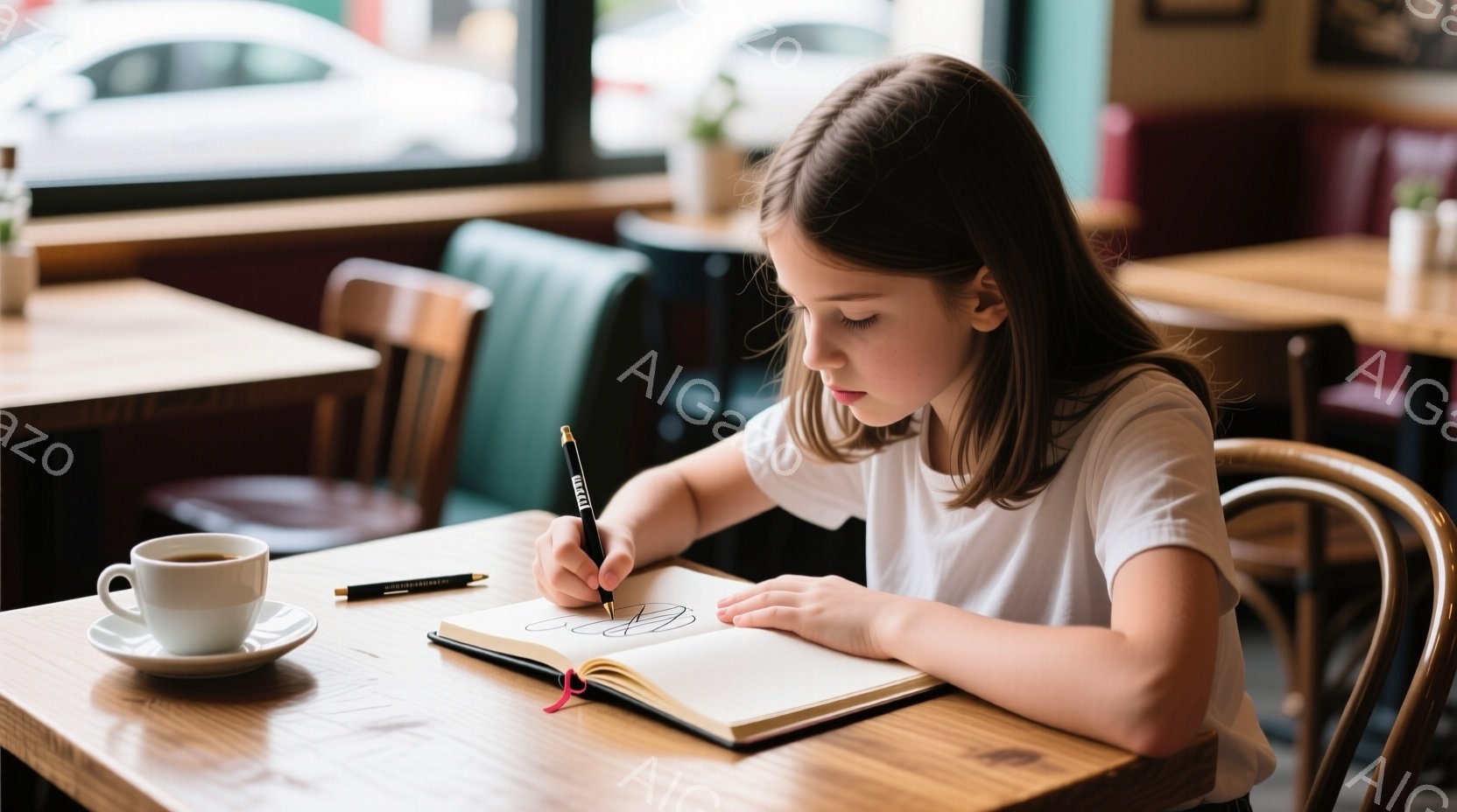 茶色い木製のテーブルに座った若い女の子が、ノートに何かを描いています。彼女は白いTシャツを着ており、髪は後ろで三つ編みにされています。背景には、窓の外の建物が見え、カフェのような落ち着いた雰囲気が漂っています。