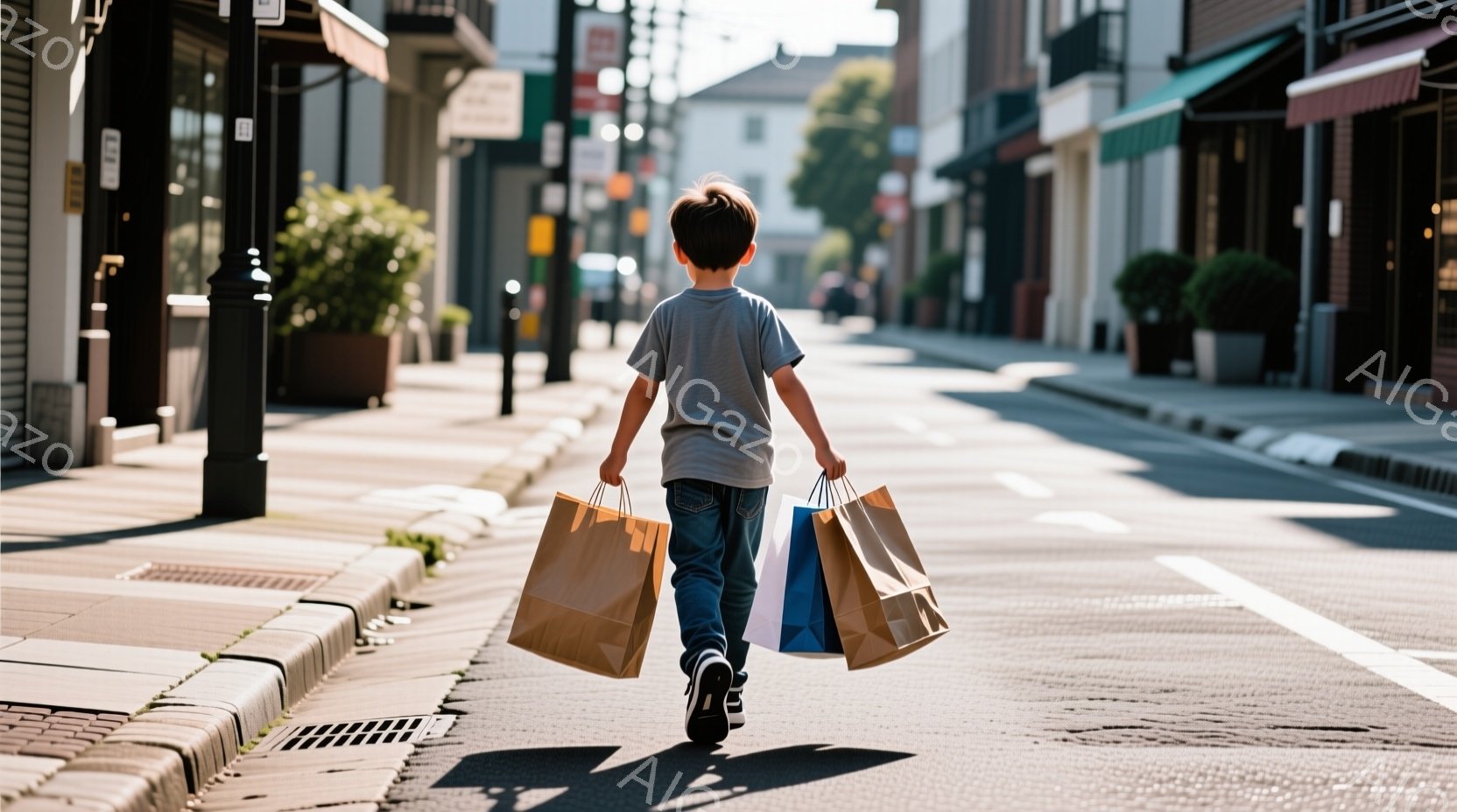 小さな男の子が、茶色と青色のショッピングバッグを何個か持っている後ろ姿が写っている。男の子はジーンズとTシャツを着ており、アスファルトの道の上を歩いている。背景には、石畳の歩道と、商店や木々が見え、晴れた日の穏やかな雰囲気が漂っている。