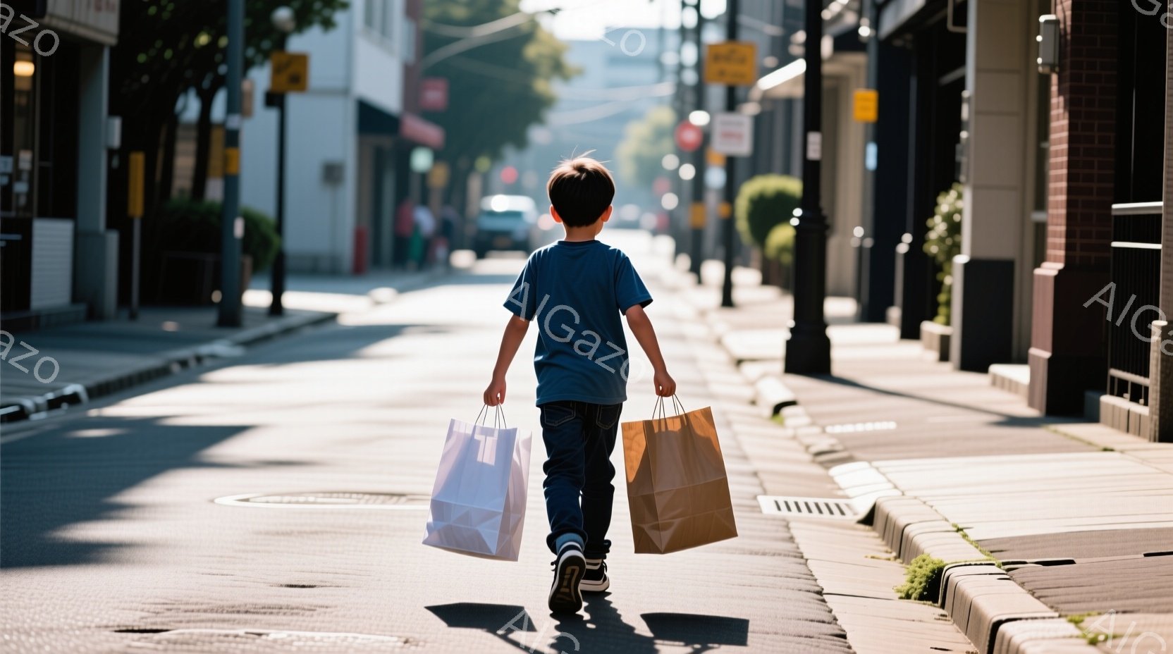 小さな男の子が、両手に茶色と白の紙袋を持ち、歩道を歩いている。彼は青いTシャツと黒い靴を履いており、後ろ姿のため表情はわからないが、活発な印象を与える。背景には、日差しが差し込む商店街の風景が広がり、歩道脇にはわずかな緑が見える、晴れた日の穏やかな雰囲気の画像である。