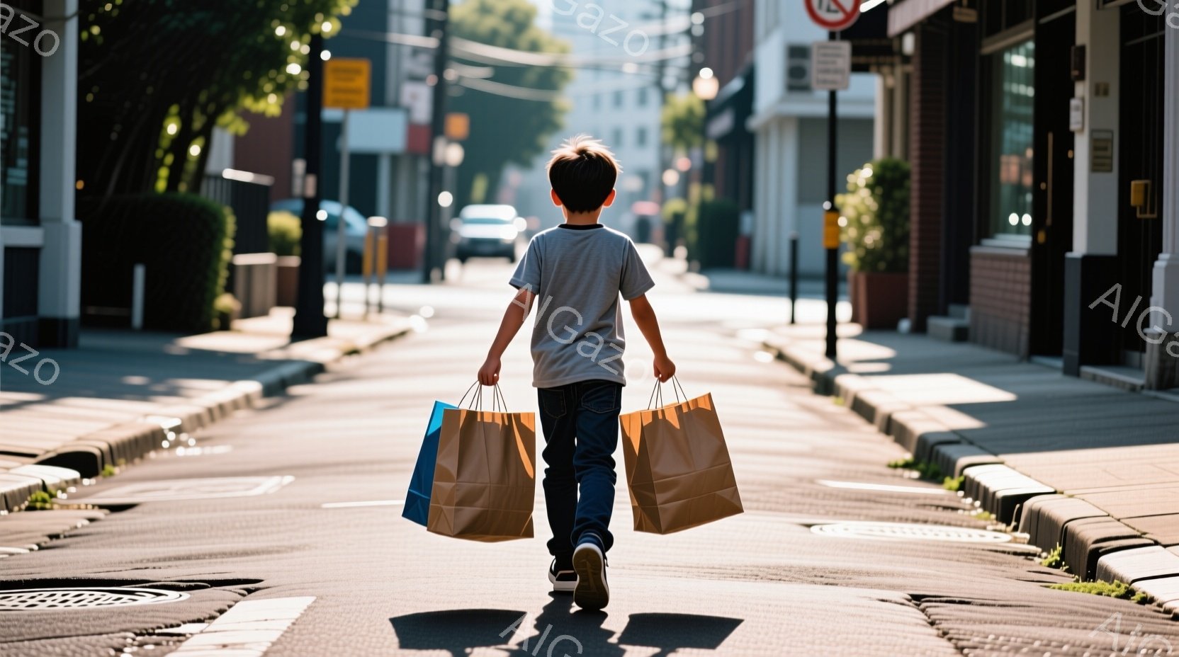 小さな男の子が、茶色のショッピングバッグを2つ持って歩いている後ろ姿が写っている。日当たりの良い住宅街の道路を歩いており、背景には建物や木々が見える。全体的に穏やかで、日常的なシーンが捉えられている。