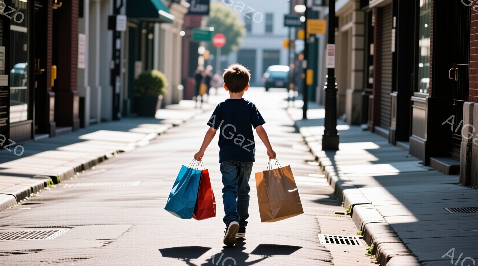 小さな男の子が、青いTシャツとジーンズ姿で、2つのショッピングバッグを持って歩いている。影が長く伸び、日差しが強く、背景には石畳の道と、カフェや店舗が並んでいる。全体的に、暖かい日差しの中で買い物を楽しむ、のどかな雰囲気が漂っている。