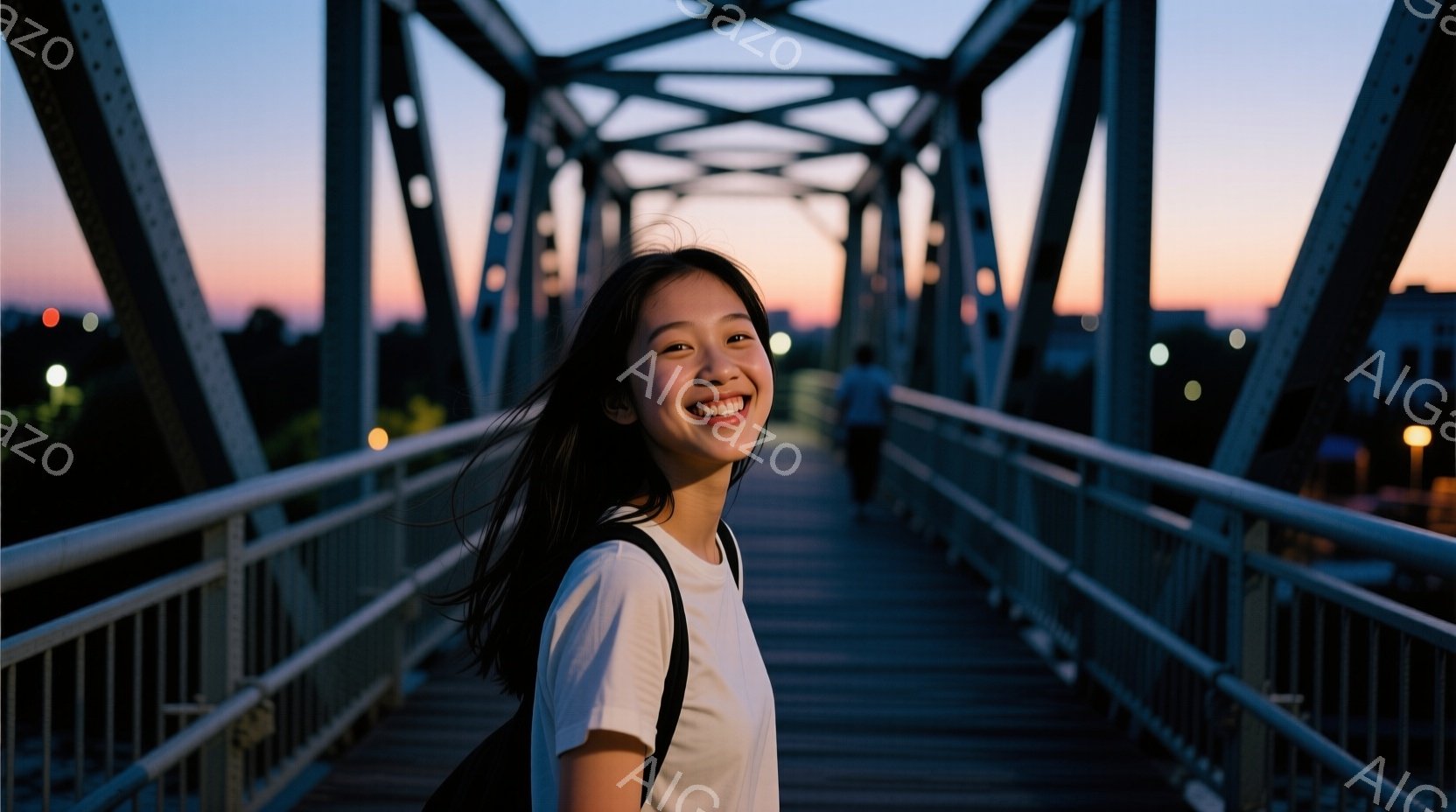 長い黒髪が風になびき、白いTシャツを着た若い女性が橋の上で笑顔でこちらを見ている。彼女はリュックサックを背負っており、リラックスした姿勢で、背景には夕焼け空と、遠くに見える街の明かりがぼんやりと見える - AI生成フリー素材