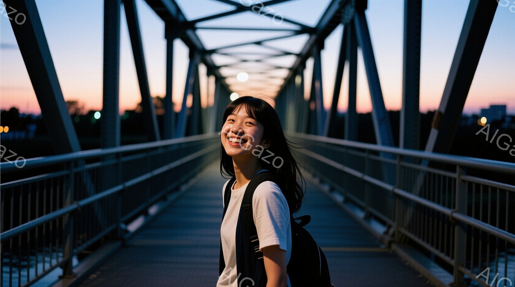 若い女性が橋の中央で笑顔で立っている。白いTシャツにリュックサックを背負い、黒髪のロングヘアが風になびいている。背景には、夕焼け空と橋の構造、そして遠くの建物が見え、穏やかで希望に満ちた雰囲気を醸し出 - AI生成フリー素材