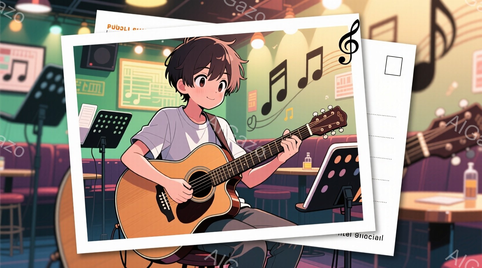 若い男性がギターを演奏しているイラストです。彼は黒髪で、白いTシャツと濃い色のズボンを着用し、集中した表情でギターを弾いています。背景にはバーのような雰囲気で、音楽記号やボトルなどが配置され、コンサートやライブの会場のようです。