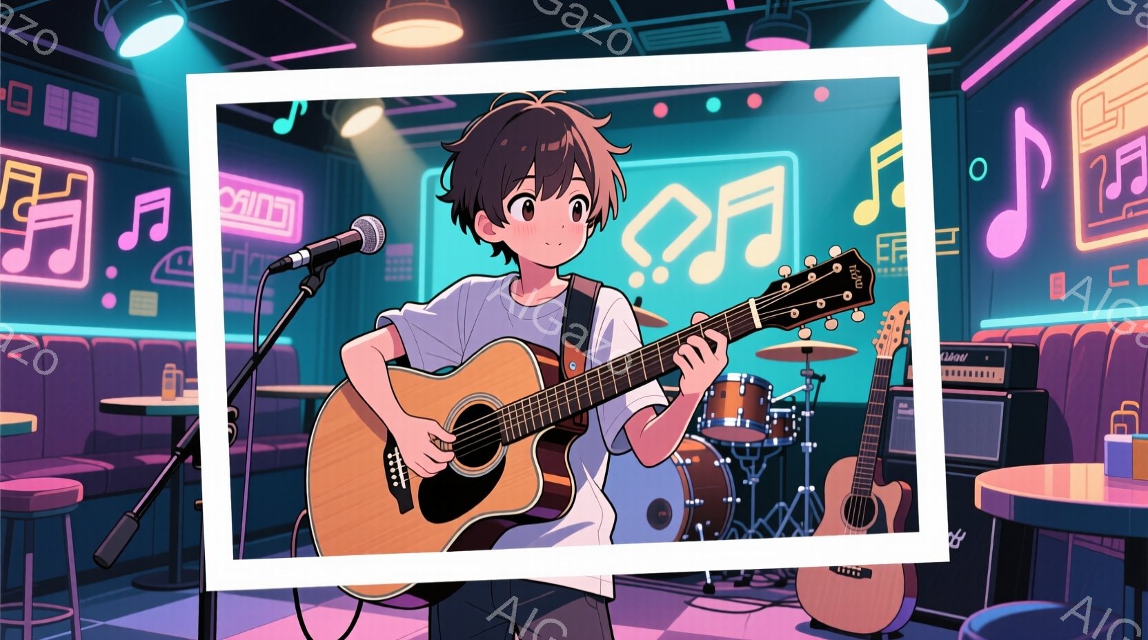 若い男性がギターを弾きながら歌っている様子が描かれています。彼は黒いTシャツとジーンズ姿で、短めの黒髪と穏やかな表情をしています。背景には、ドラムセットやスピーカー、テーブルなどが配置されており、ライブハウスのような雰囲気です。