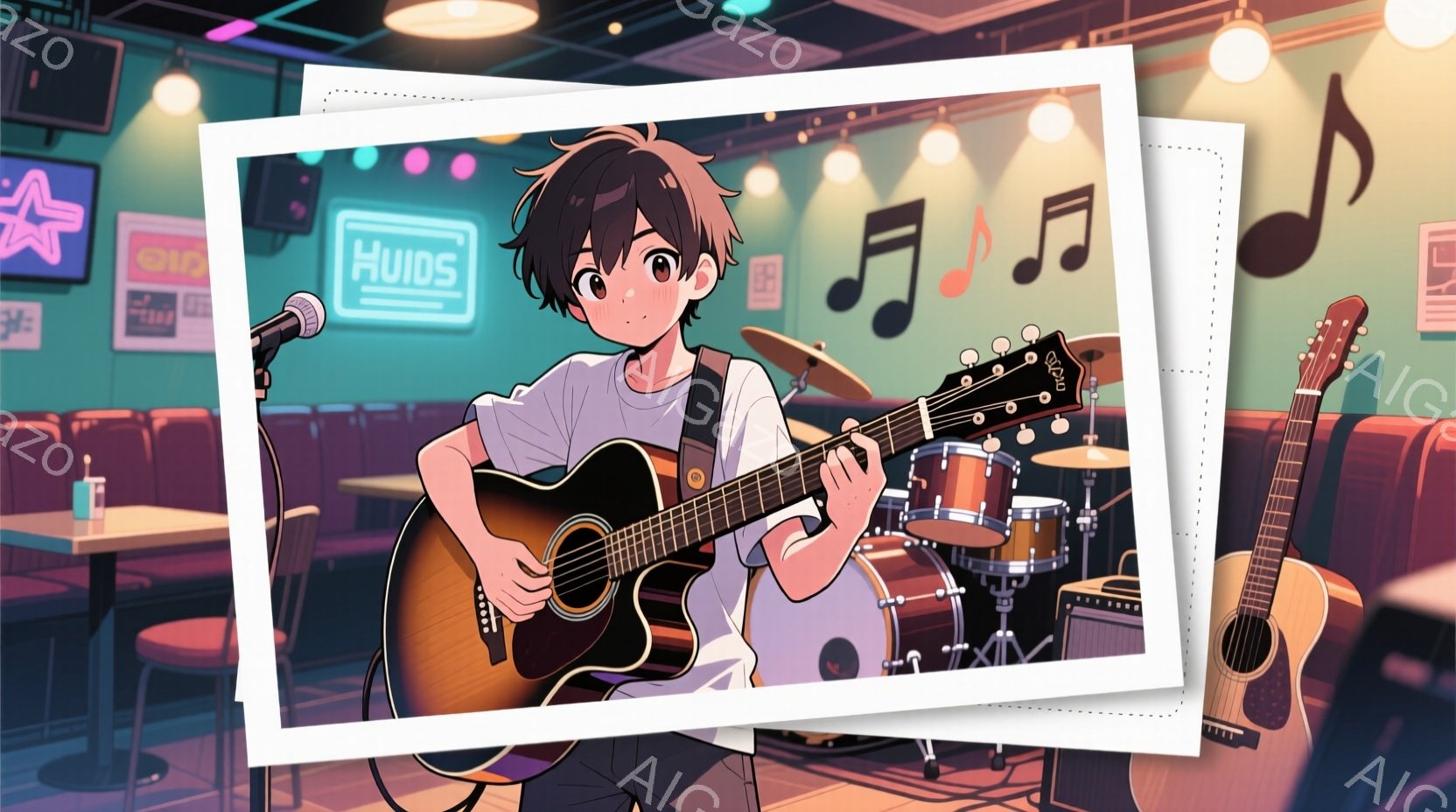 若い男性がアコースティックギターを演奏している様子が描かれています。彼は白いTシャツとジーンズを身につけ、少し無表情ながらも集中した表情をしています。背景にはドラムセットや他のギターが見え、バーやライブハウスのような雰囲気で、音楽が流れる空間を表現しています。