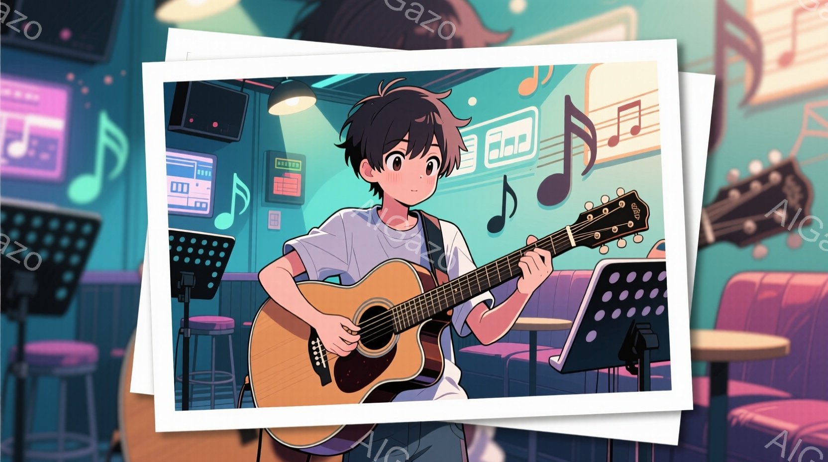 若い男性がアコースティックギターを演奏しているイラストです。彼は白いTシャツとジーンズを着ており、少し乱れた黒髪が特徴的です。背景にはステージ、マイクスタンド、楽譜、そして音楽記号が散りばめられており、音楽イベントの会場のようであり、全体的に活気のある雰囲気が漂っています。