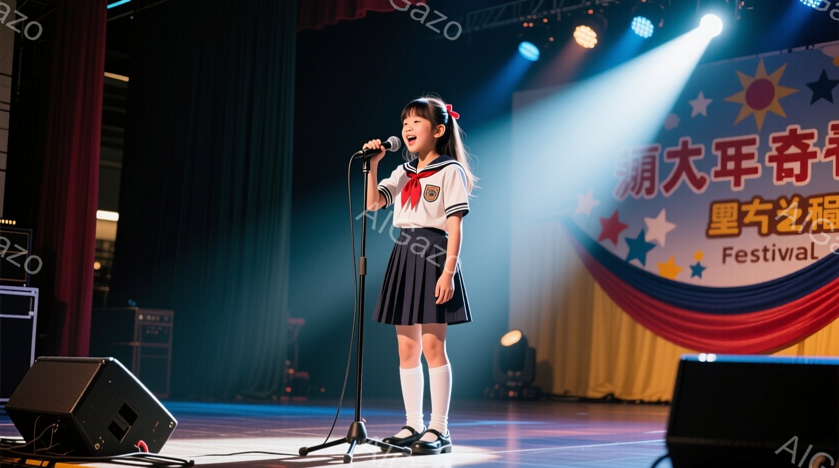 少女はステージ上でマイクを持って歌っている。紺色のプリーツスカートと白いブラウス、赤いリボンが特徴的な制服を着ており、白いソックスと黒い靴を履いている。背景には赤いカーテンと、日本語で書かれた「Festival」と書かれたバナーがあり、ステージ上には照明が当たっている。
