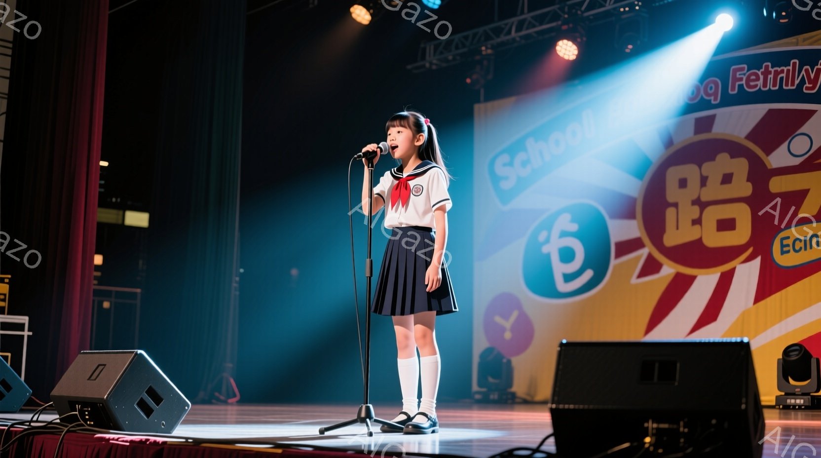 少女はステージ上でマイクを持ち、歌っている様子だ。紺色のブレザーとチェックのスカート、白いハイソックスという制服を着ており、髪はツインテールに結ばれている。背景にはカラフルなバナーがあり、ステージ上は - AI生成フリー素材