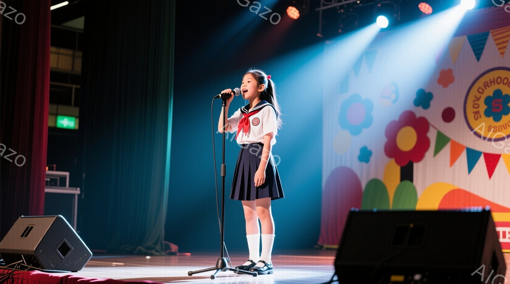 少女はステージ上でマイクを持って歌っている。紺色のスカートと白いブラウス、赤いリボンが特徴の制服を着ており、髪はポニーテールにしている。背景にはカラフルな装飾があり、明るい照明が彼女を照らしており、活 - AI生成フリー素材