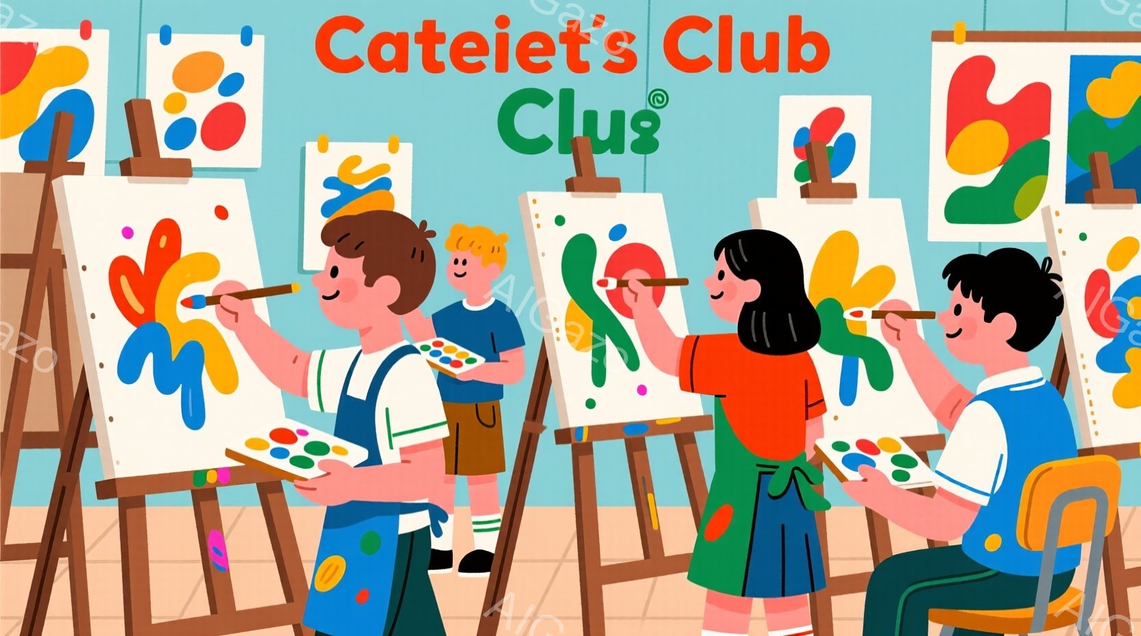 絵を描いている子供たちのイラストです。子供たちはそれぞれエプロンを着て、キャンバスに向かって絵筆を振るっており、笑顔で楽しんでいます。背景にはイカダのような形をしたカラフルな建物が並び、明るく陽気な雰囲気が漂っています。