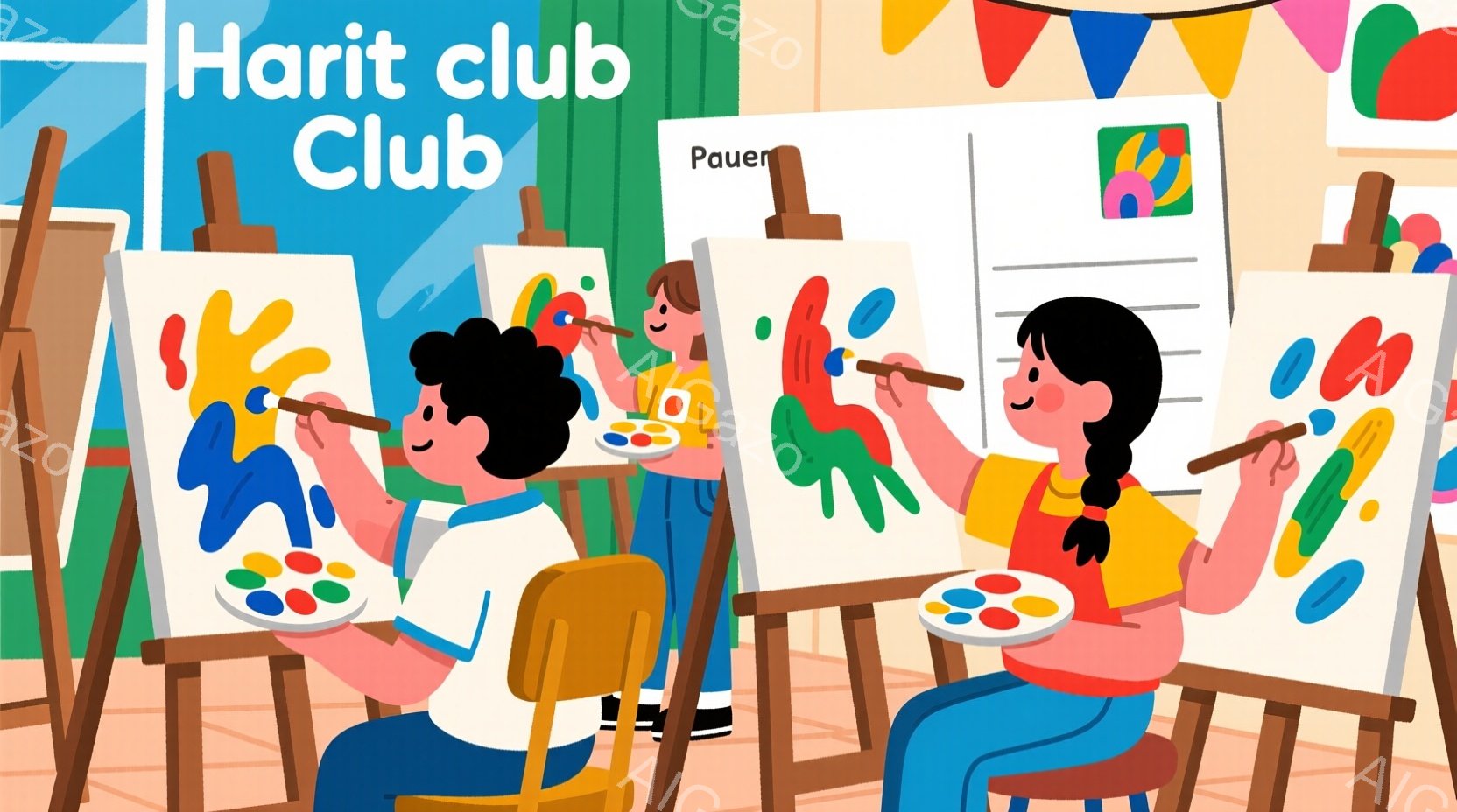 明るい背景の中で、二人の子供がイーゼルに向かって絵を描いている様子が描かれています。少年は白いシャツに青いズボンで、黒い巻き毛を持ち、絵の具を使って鮮やかな青とオレンジの抽象的な形を描いています。少女は赤いシャツに青いズボンで、三つ編みの髪を持ち、緑と青の形を描いており、二人は楽しそうに絵を描いています。