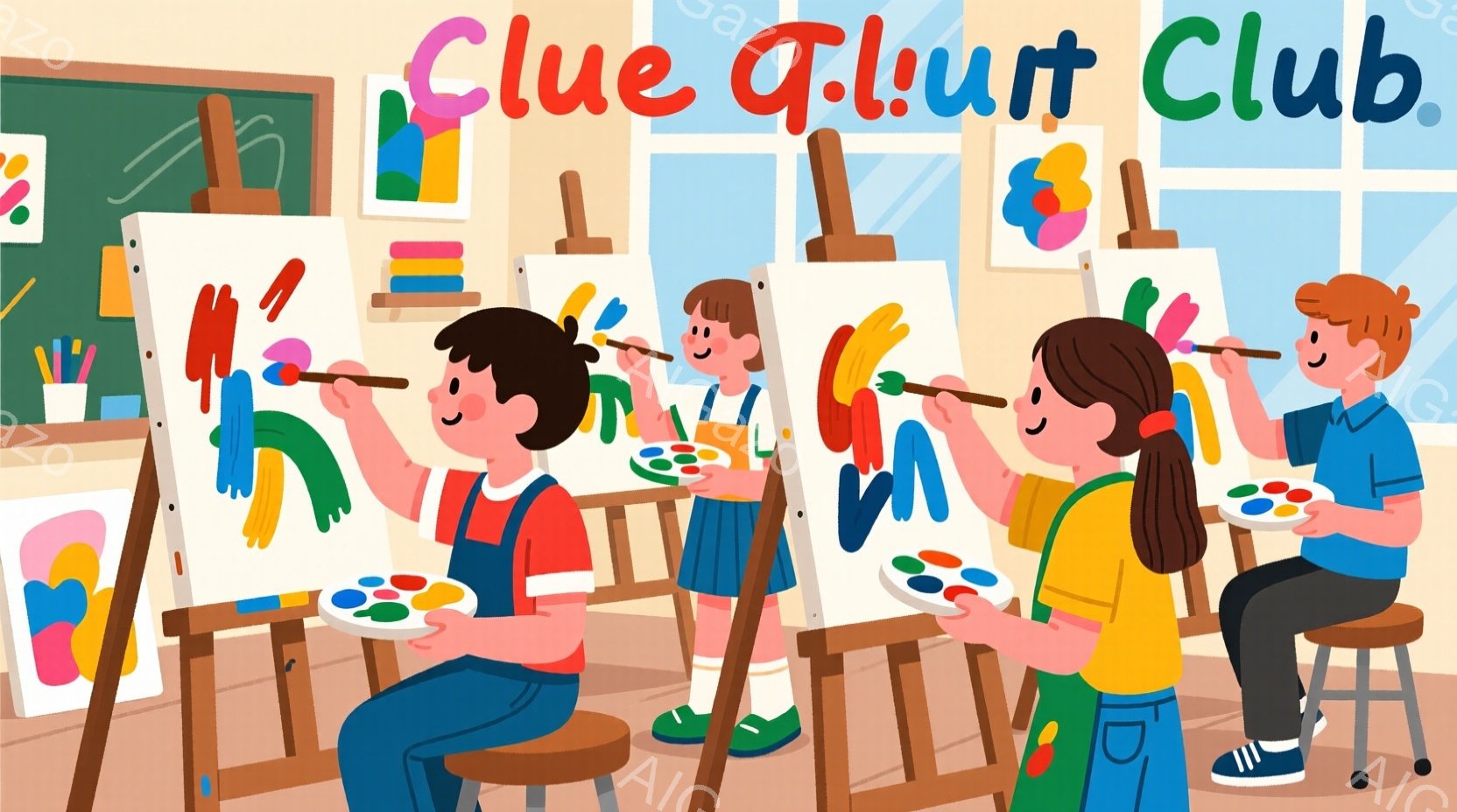 複数の子供たちがイーゼルに向かって絵を描いています。彼らは明るい色の服を着ており、皆笑顔で集中した表情をしています。背景には、完成した絵画が飾られた壁と、教室のような空間が描かれており、全体的に明るく - AI生成フリー素材