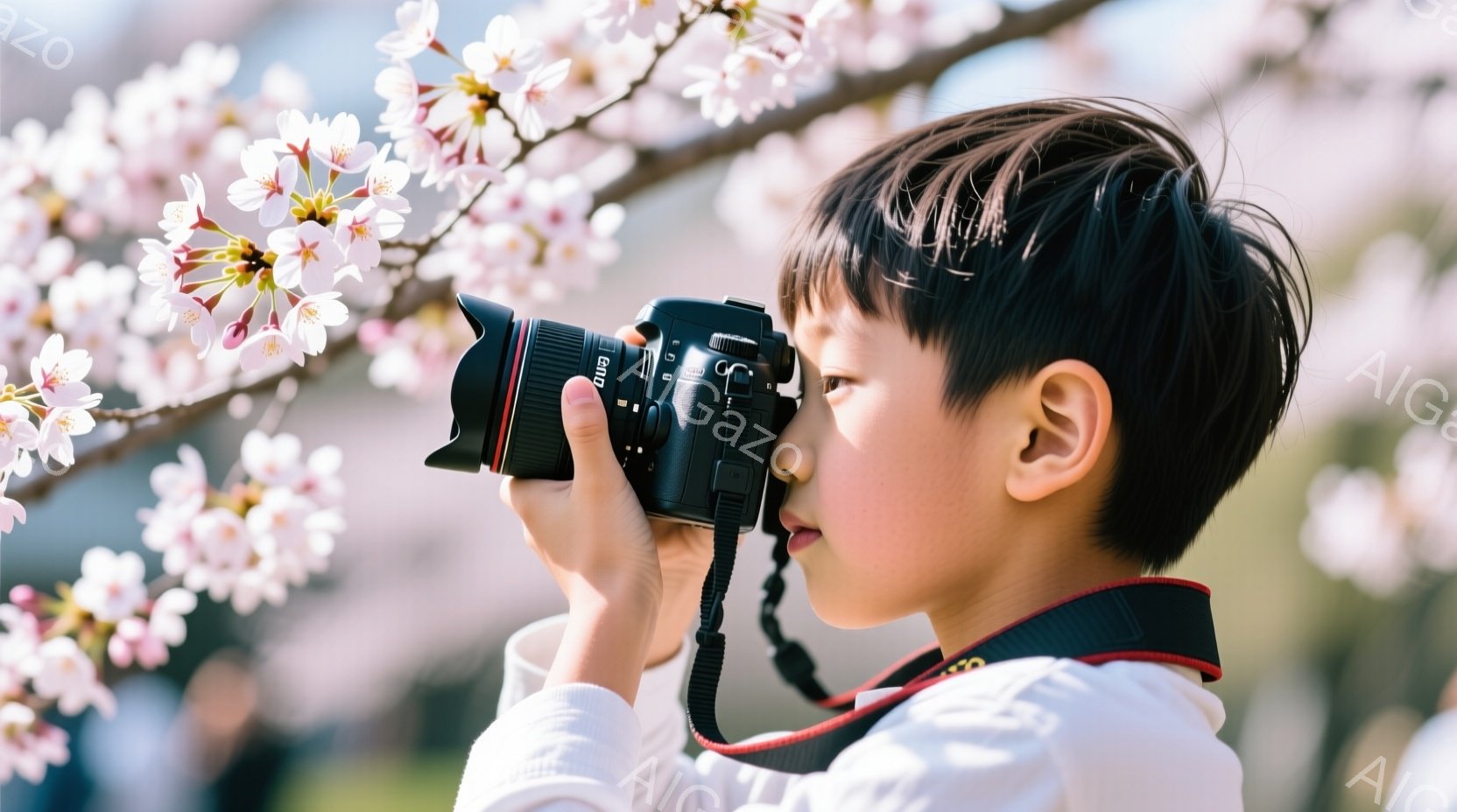 少年は桜の花が咲き誇る中で、一眼レフカメラを構えています。彼は白い襟付きのシャツを着ており、黒髪を短く切っています。背景にはぼんやりと他の人物と建物が見え、全体的に春の暖かく穏やかな雰囲気が漂っていま - AI生成フリー素材