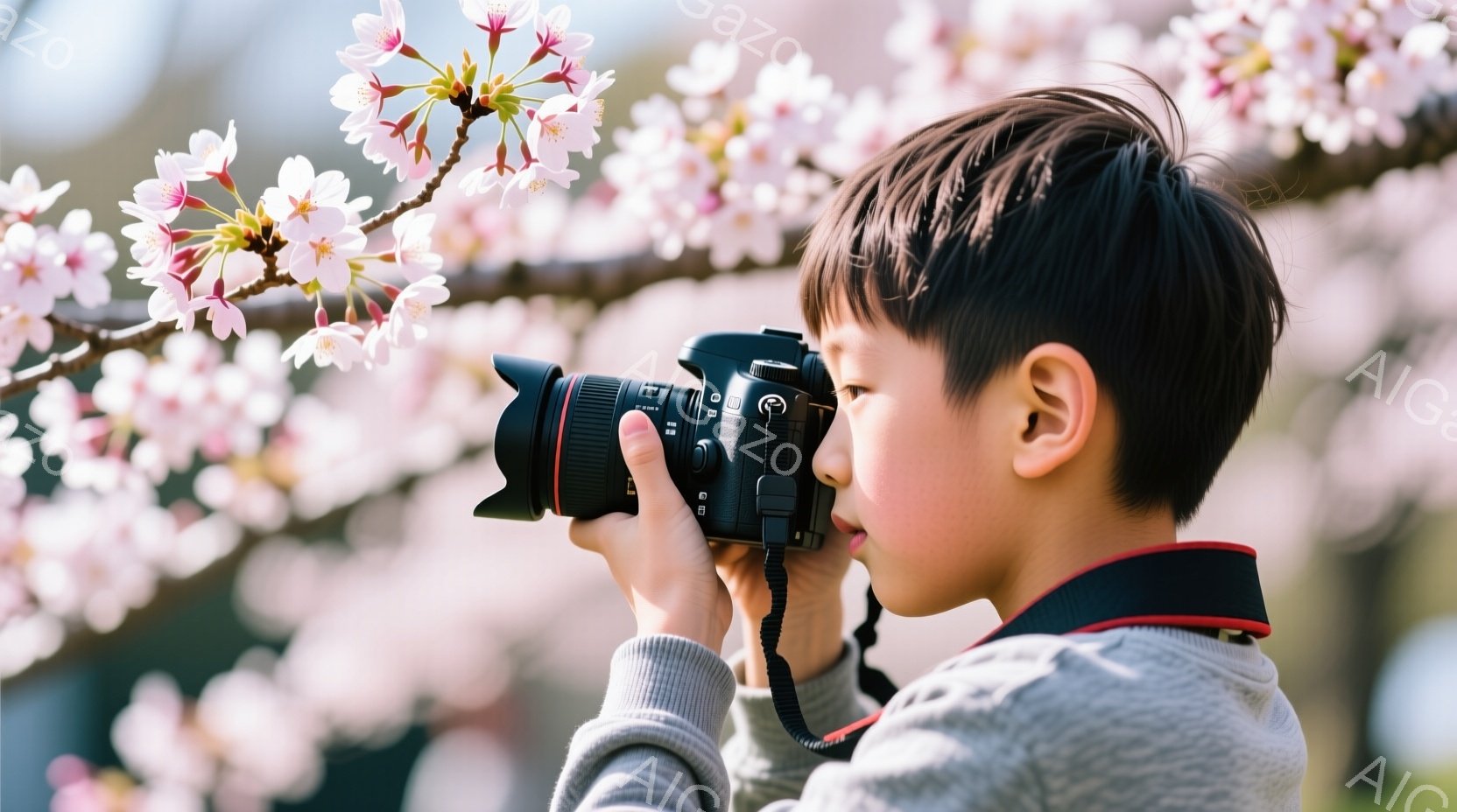 一人の少年が一眼レフカメラを持って撮影に集中しています。グレーのパーカーと赤い縁取りの襟が特徴で、短く刈り込んだ黒髪がよく見えます。背景には桜の花が咲き乱れ、春の穏やかな陽気を感じさせる、柔らかく美しい光が全体を包んでいます。