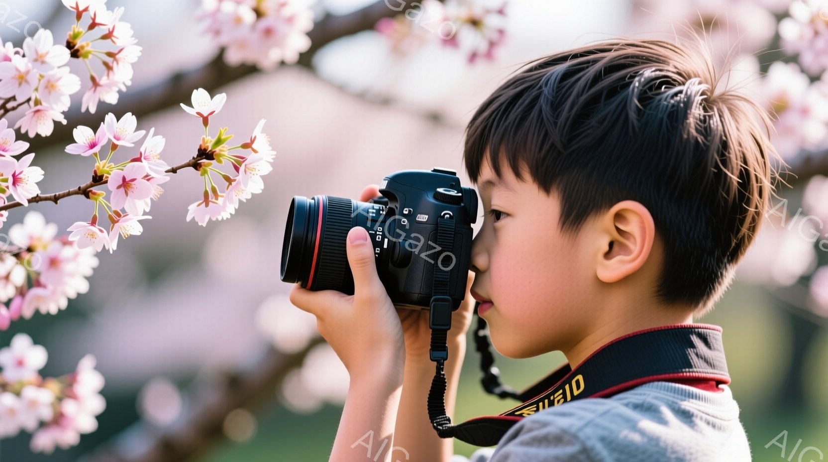 少年は桜の花を背景に、一眼レフカメラで何かを撮影しています。黒い髪の少年は、赤いストラップのついたカメラを構え、真剣な表情でファインダーを覗き込んでいます。背景には、淡いピンク色の桜が咲き誇り、春の暖 - AI生成フリー素材