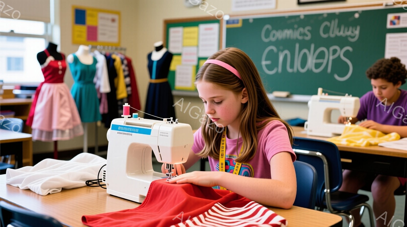 少女はミシンを使って赤い布を縫っており、集中した表情をしています。彼女はピンク色のヘッドバンドをつけ、白いTシャツを着ており、教室の机に座って作業しています。背景にはマネキンが展示された服や、他の生徒がミシンを使っている様子が見え、賑やかな教室の雰囲気を感じさせます。