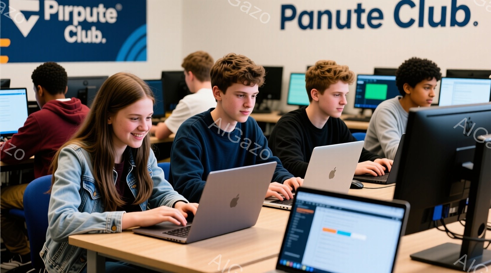 若い男女がコンピューターの前に座り、ノートパソコンやデスクトップパソコンを操作している様子が写っている。彼らは皆、集中した表情でタイピングしており、カジュアルな服装で、一部は金髪または茶髪の短い髪型をしている。背景には、壁に「Panute Club」と書かれたロゴがあり、明るく整頓されたコンピューター室であることがわかる。