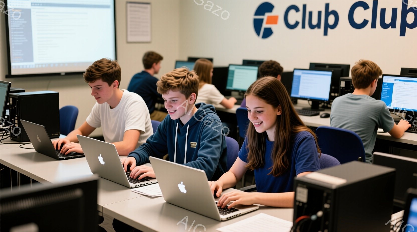 複数の生徒がコンピューターの前で作業している様子が写っている。彼らは皆、青い背景の部屋で、Appleのノートパソコンを使ってプログラミングをしているように見える。生徒たちはカジュアルな服装で、集中した表情でキーボードを見つめ、熱心に作業に取り組んでいる。