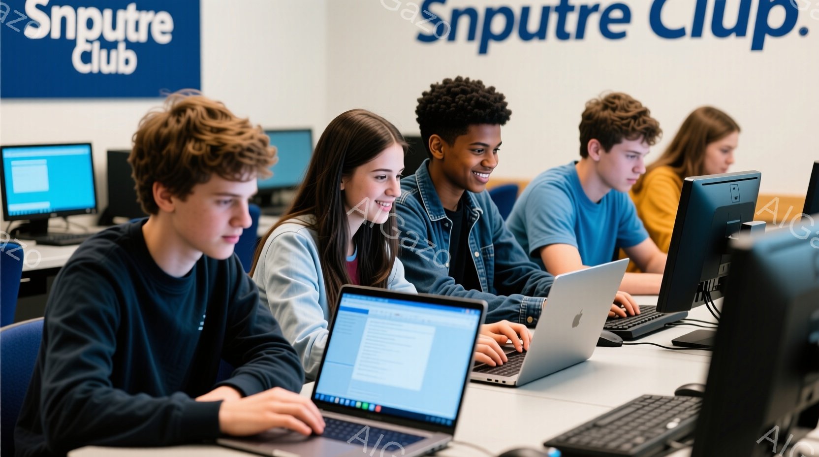 複数の若者がコンピューターの前で作業している様子が写っています。彼らはそれぞれ、紺色や水色のシャツを着ており、髪型は短髪からロングヘアまで様々です。明るい表情でコンピューターを見つめ、何かに集中しているか、または互いに協力し合っているような雰囲気です。