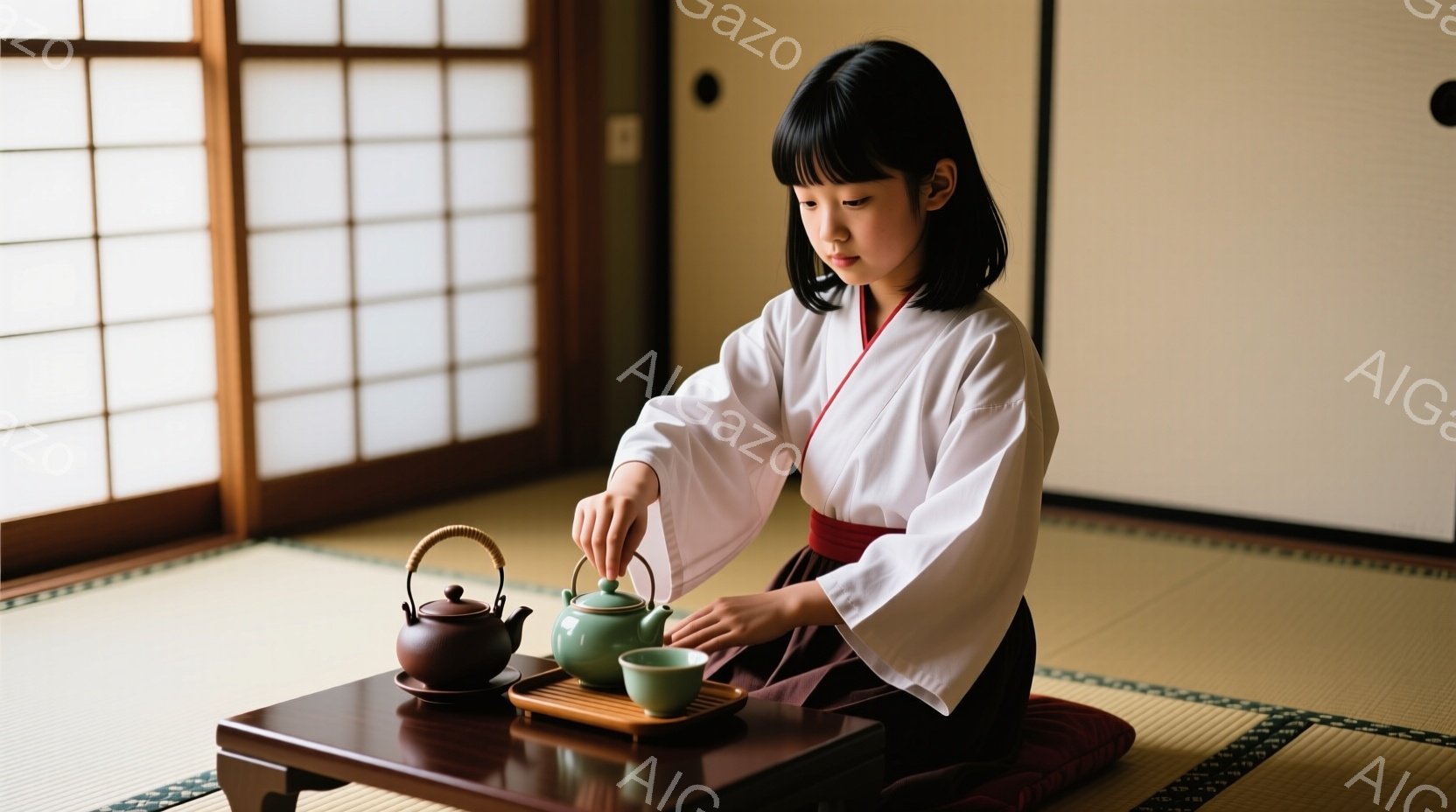 茶色の畳の上に座る少女が、緑色の茶器から湯冷ましに湯を注いでいる。白い着物に赤い帯を締め、黒髪を後ろで結んでいる彼女は、真剣な表情で茶道に集中しているようだ。障子から柔らかな光が差し込み、静かで落ち着いた雰囲気を醸し出している。
