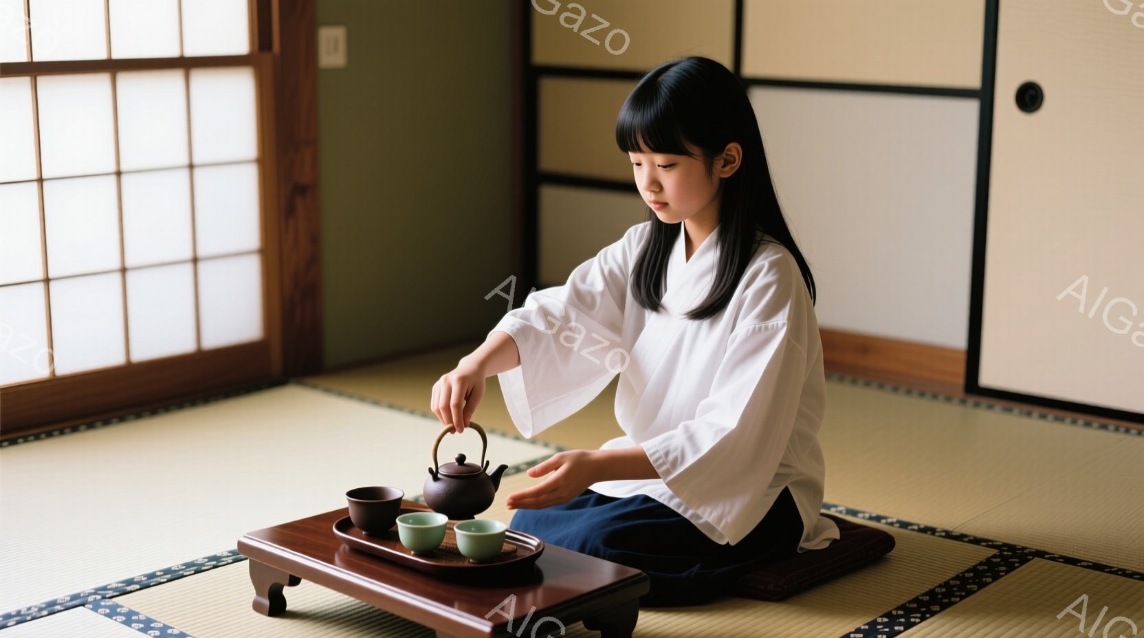 少女は畳の上に正座し、茶碗に茶を注いでいる。白いシャツと濃い青色のズボンを身に着け、前髪を短く切った髪型をしている。背景には障子戸があり、落ち着いた雰囲気の和室で、静かに茶道を行っている様子が伺える。 - AI生成フリー素材