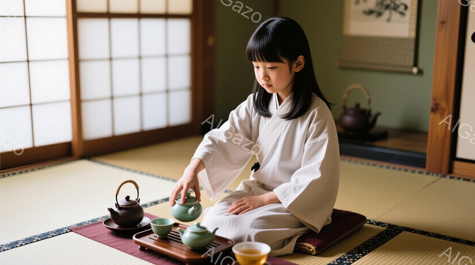 白い着物を着た少女が畳の上に正座し、茶碗に緑茶を注いでいる。彼女は黒い髪を後ろで結び、集中した表情で手慣れた様子で茶道を行っている。背景には障子と掛け軸があり、落ち着いた和の雰囲気を感じさせる。 - AI生成フリー素材