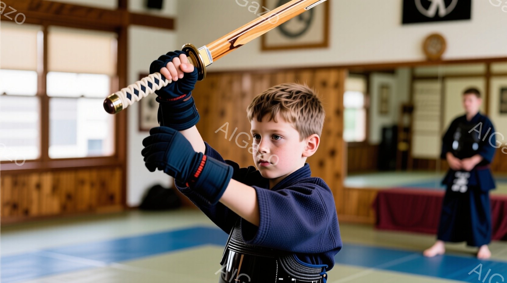 少年は藍色の柔道着のような服を着て、片手に木刀を高く上げています。真剣な表情で、武道の練習に集中している様子がうかがえます。背景には畳敷きの道場があり、奥に別の少年が柔道着を着て立っているのが見えます - AI生成フリー素材
