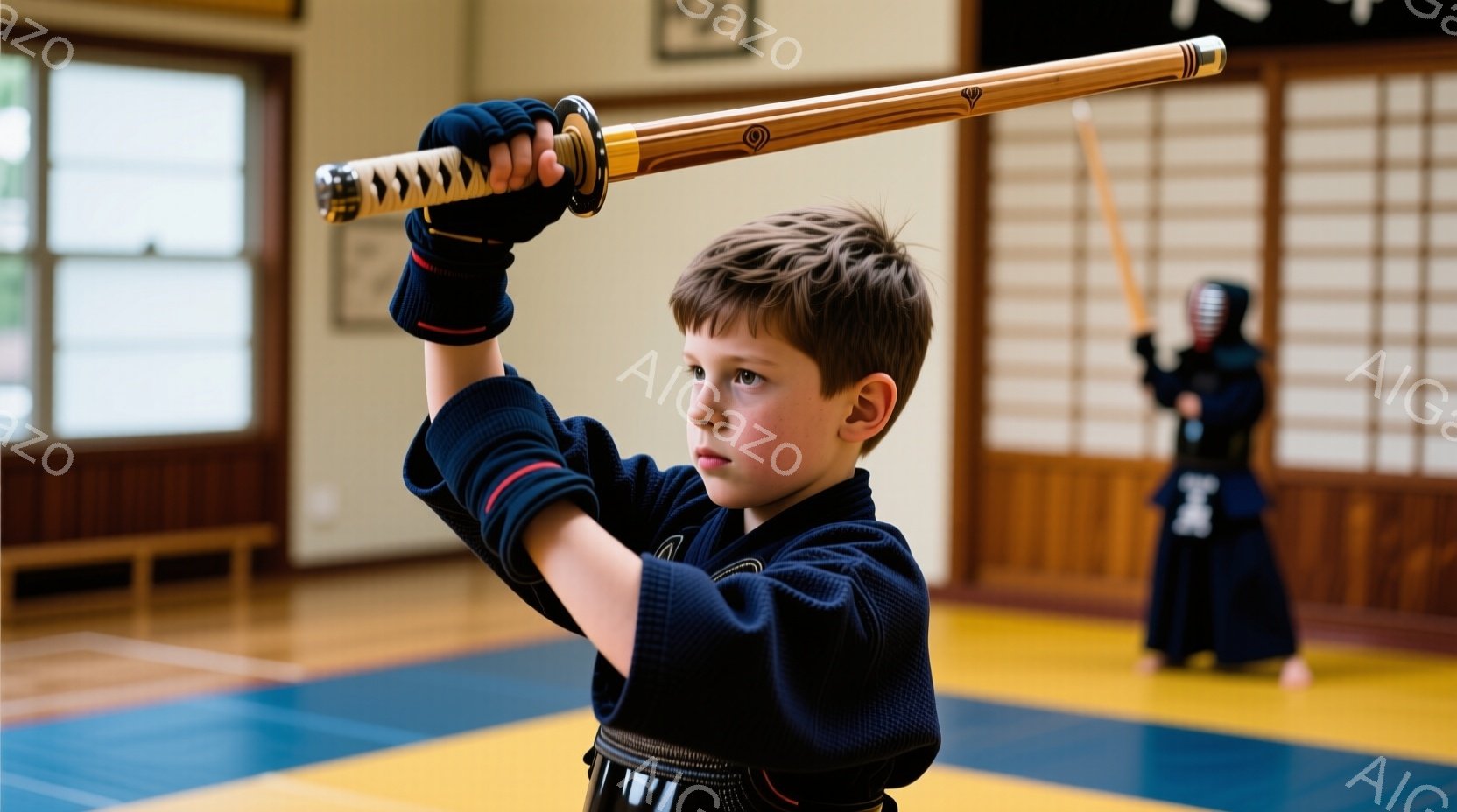 茶色の髪の少年が剣道を練習している様子が写っている。少年は藍色の道着と袴を着用し、真剣な表情で剣を高く掲げている。背景には畳の部屋と別の剣道着を着た人物が見え、練習風景が伝わってくる。