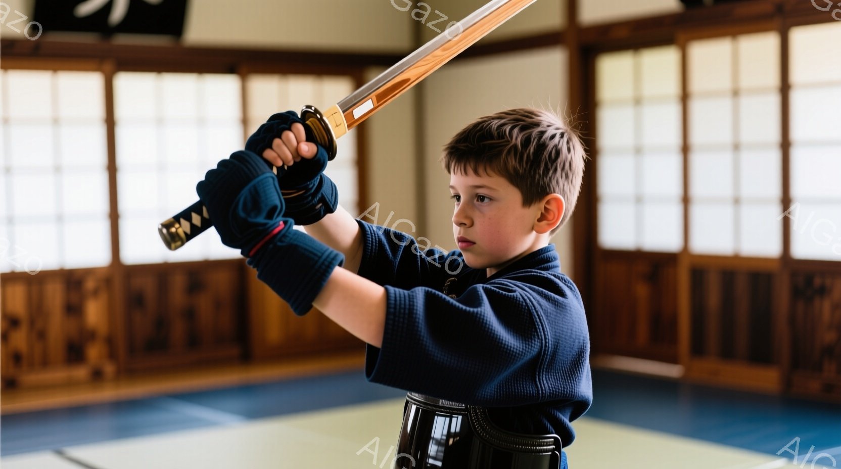 少年は藍色の着物のような訓練着を着て、片手に木刀（ぼっけん）を構えています。真剣な表情で集中しており、右手を高く上げて、刀を振り下ろす準備をしているようです。背景には畳敷きの武道場があり、障子窓から柔らかい光が差し込み、集中した雰囲気の中、伝統的な武道の練習風景を表しています。