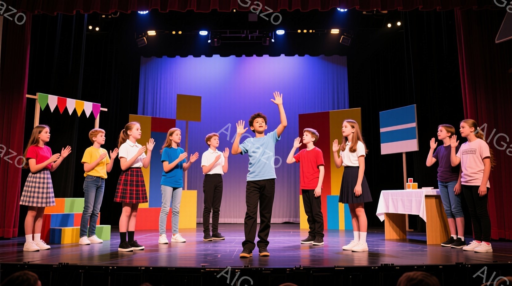 舞台の上で、子供たちがカラフルな背景の前で整列している。少年は両手を上げて中央に立ち、他の子供たちは拍手をしているように見える。背景には、ピンク、黄色、青、緑の正方形のパネルや、三角形の旗が飾られたガーランドがあり、全体的に明るく活気のある雰囲気である。