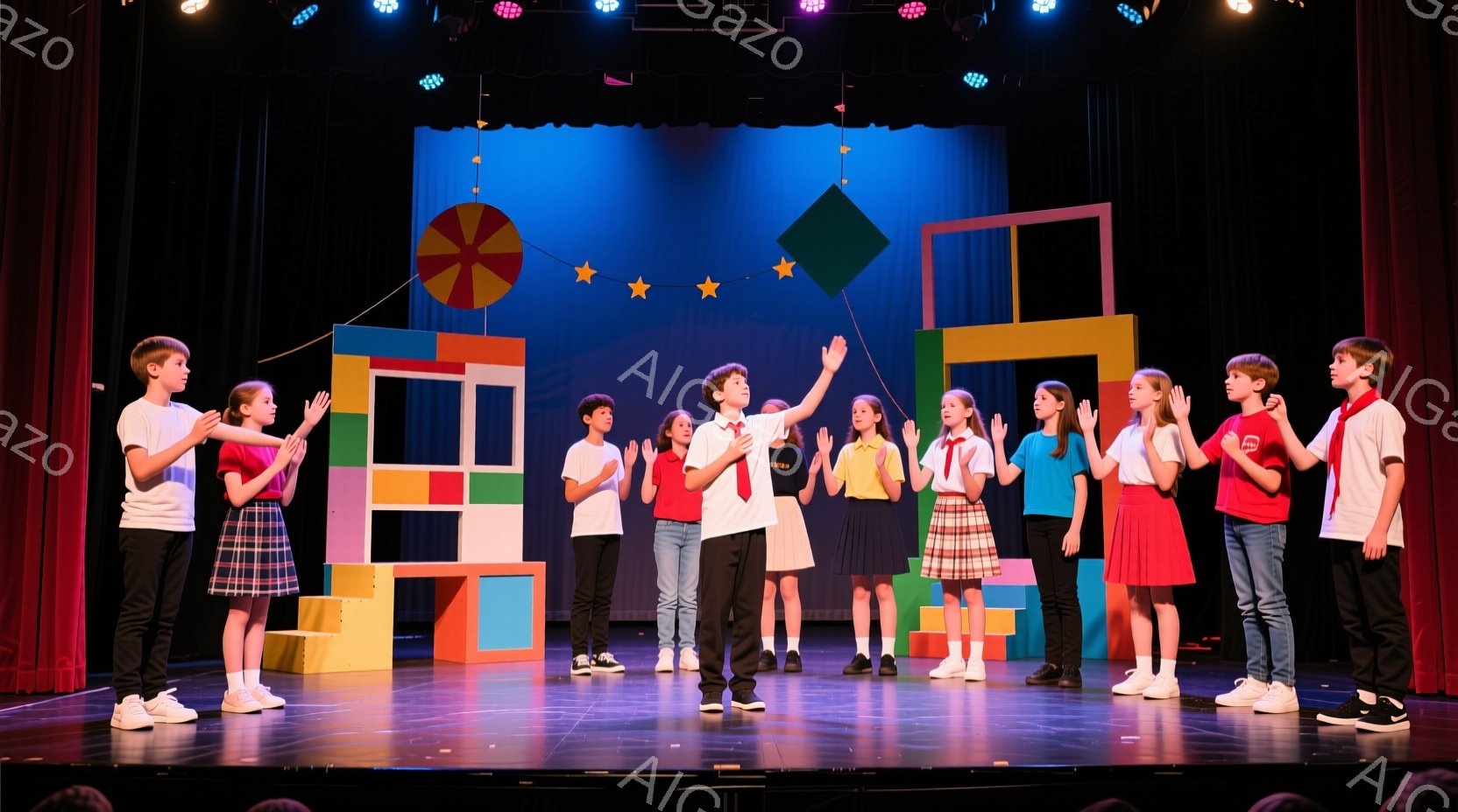 ステージ上に、子供たちがカラフルなブロックで作られた背景の前で整列している。中央に立つ少年は片手を上げ、他の子供たちは両手を叩いて彼を見ている。子供たちは皆、カジュアルな服装で、表情は明るく、活気に満ちた雰囲気の演劇やイベントの一場面のように見える。