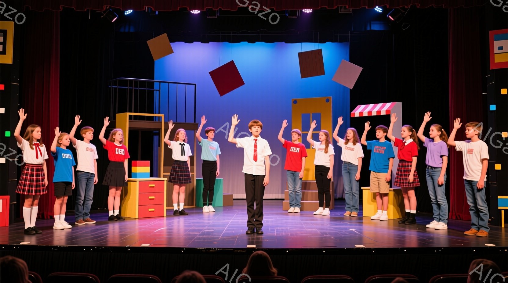 舞台には、チェック柄のスカートまたはズボンを履いた、10人ほどの子供たちが立っています。彼らは皆、青、赤、白のTシャツを着ており、中央の男の子は白シャツに赤いネクタイをしています。背景には、カラフルな箱と、紙や断片が空中に舞っている様子があり、全体的に活気があり、劇場的な雰囲気です。