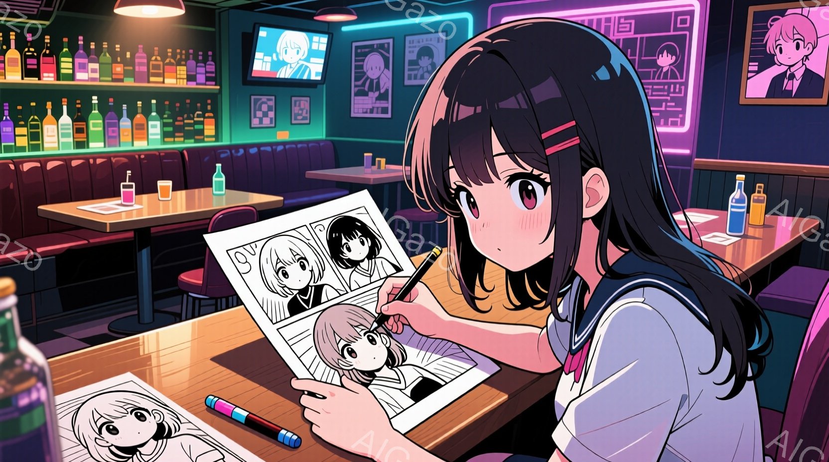 暗いバーのような背景で、黒髪の少女がテーブルに座り、線画に色を塗っています。彼女は白いシャツにネイビーのセーターベストを着ており、赤いリボンで髪を結んでいます。少女は集中した表情で、頬を少し赤らめており、テーブルの上にはたくさんの色ペンと未完成の線画が散らばっています。